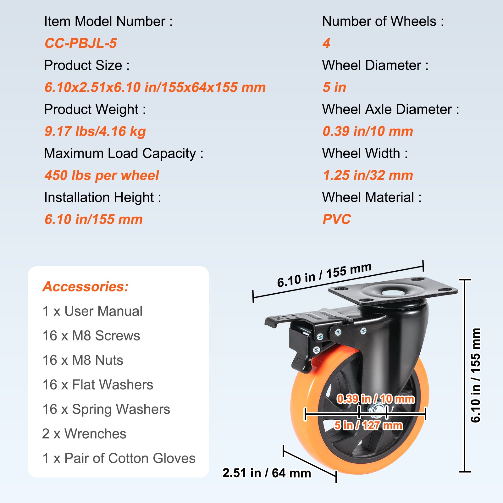 Ruote Girevoli Set di 4 Rotelle per Mobili Industriali Ruote Silenziose in PVC Diametro da 127mm con Freno di Bloccaggio A/B Capacita di Carico VEVOR - 7