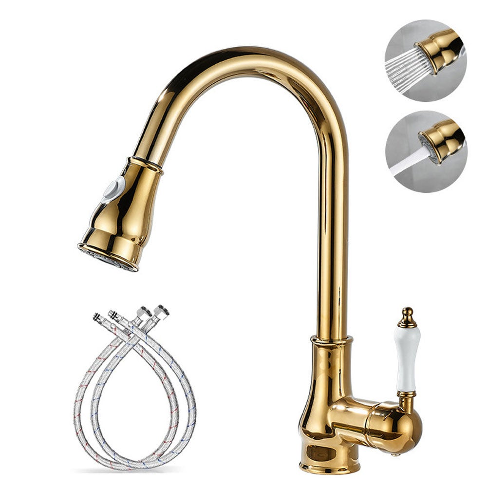 Zabytkowy wyciągany kran kuchenny, kran zlewozmywakowy, mosiężny kran mieszający z jednym uchwytem, obrotowy kran kuchenny 360 stopni, złoty