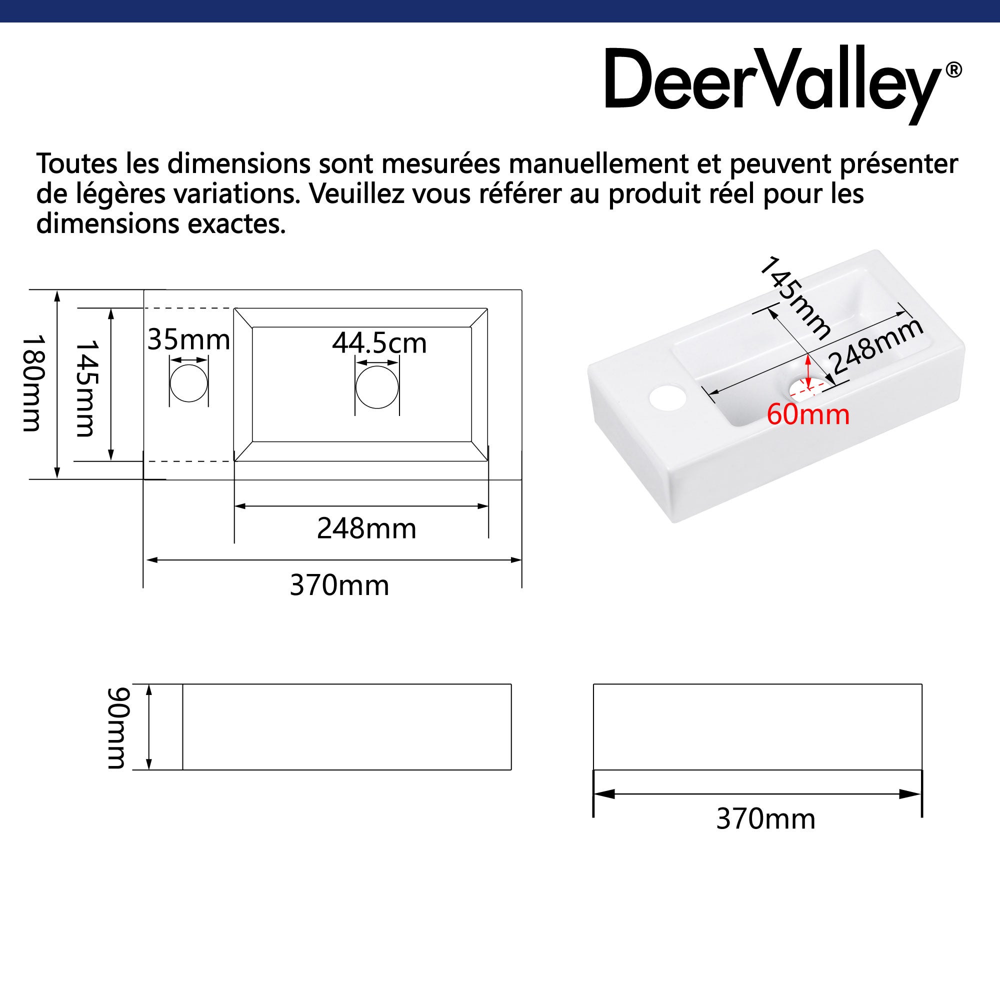 Vasque Lave Main Meuble - DeerValley Vasque Suspendu Rectangulaire Blanc pour Vasque Salle de Bain - Trou pour Robinet à Droite 37.5x18x9cm - 6