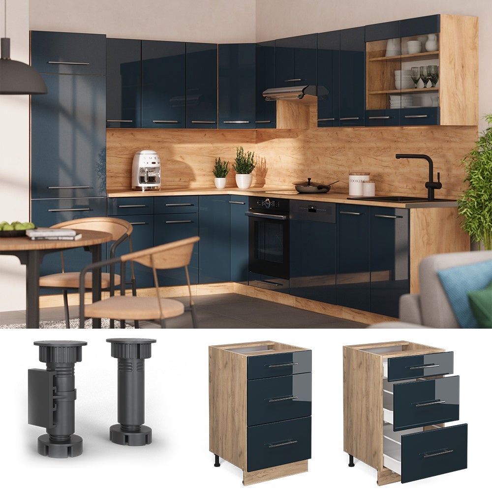 Vicco Meuble cuisine Fame-Line, Bleu foncé brillant, 50cm , PT Chêne - 2