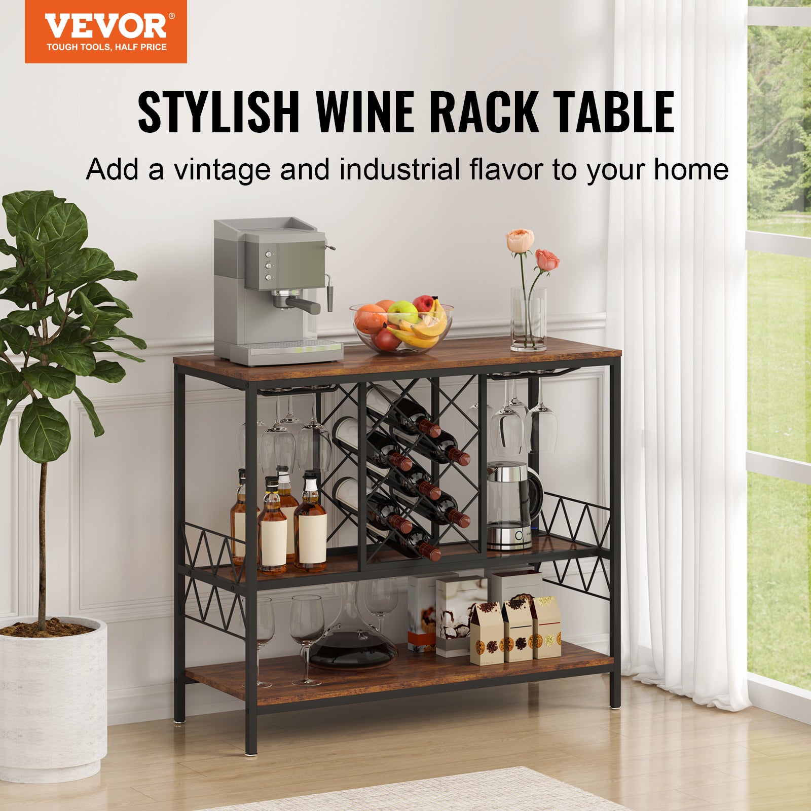 GarveeHome Armoire de bar à vin à 3 niveaux avec lumières LED, casier à vin amovible et espace de rangement, armoire buffet avec porte-verre et porte en maille, pour cuisine, salon et