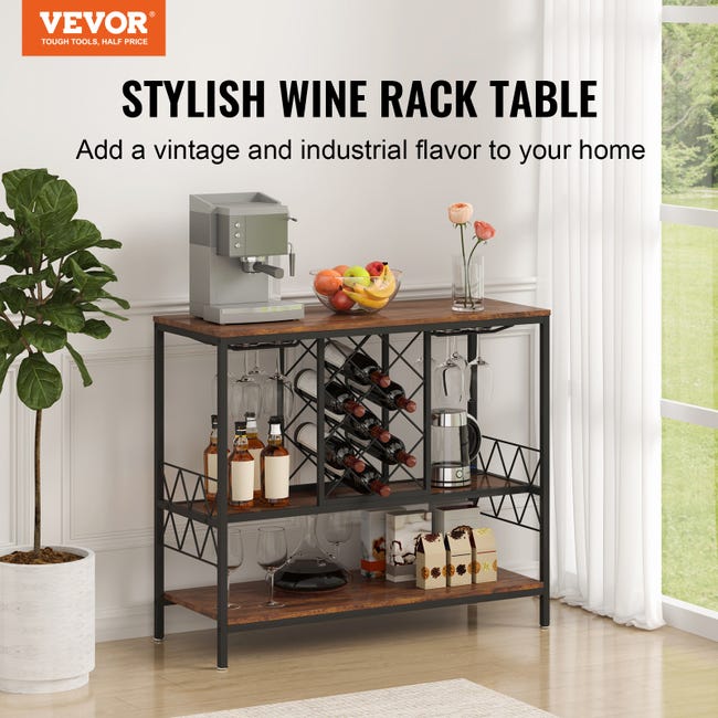 GarveeHome Armoire de bar à vin à 3 niveaux avec lumières LED, casier à vin amovible et espace de rangement, armoire buffet avec porte-verre et porte en maille, pour cuisine, salon et GarveeHome Armoire de bar à vin à 3 niveaux avec lumières LED, casier à vin amovible et espace de rangement, armoire buffet avec porte-verre et porte en maille, pour cuisine, salon et