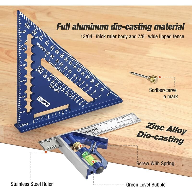 Equerre Menuisier 180 mm et Règle d'Angle de Combinaison 150mm, Equerre Combinée avec Niveau à Bulle en Acier Inoxydable, Ensemble d'Outils d'Equerre - 2
