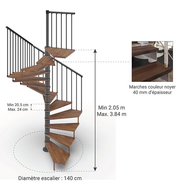Escalier colimaçon 13 marches - Haut. à franchir 2.67 à 3.12m - Diam. 140cm - Trémie carrée - Struct. anthracite / marches noyer - TEKLA140/SAMNOY-13 - 2