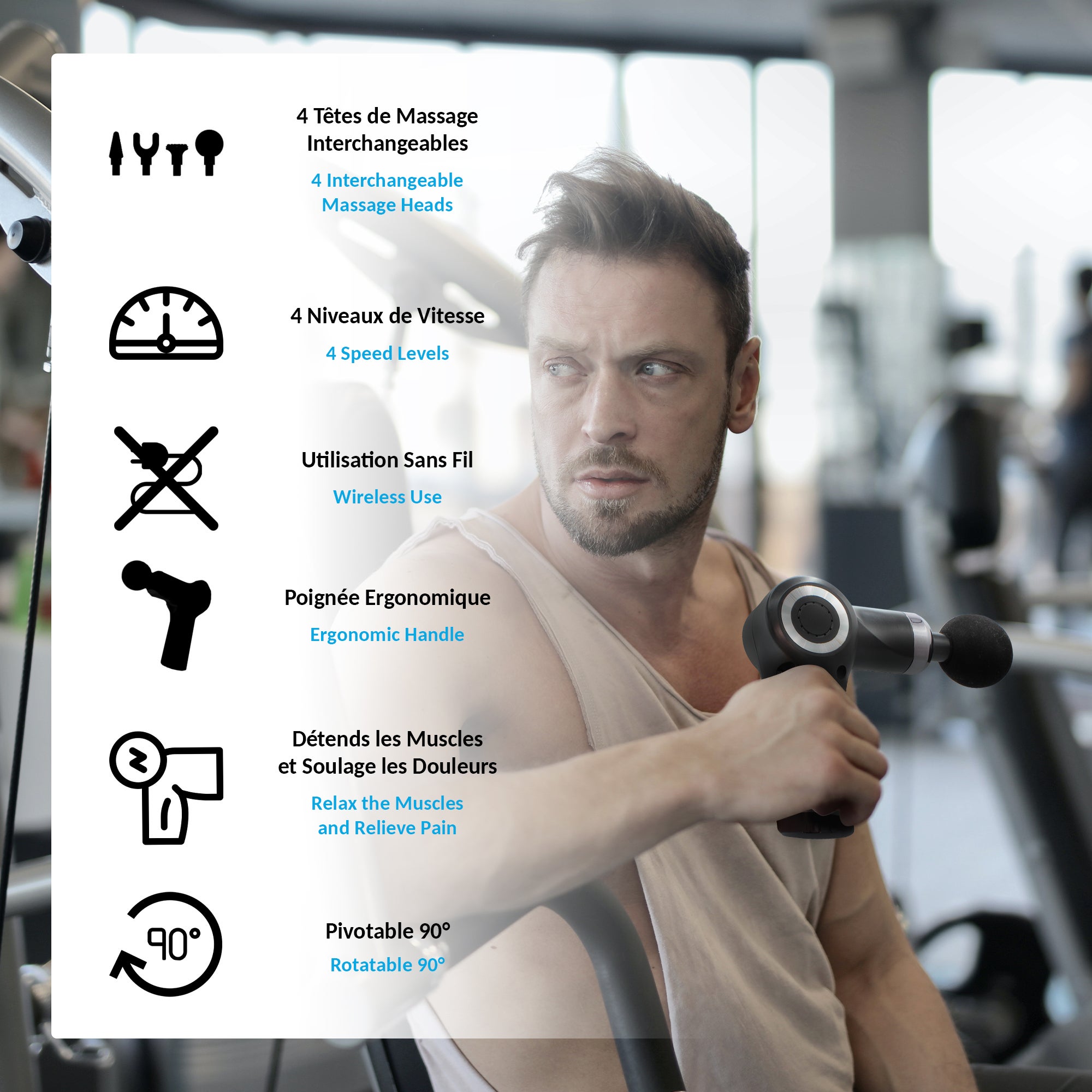 FISHTEC - Pistola massaggio, 420 g, 4 testine, 4 velocità 1600-3200 tpm, batteria 1800 mAh, 400 min, USB, Ø 4,3x20,5 cm, muscoli - 3