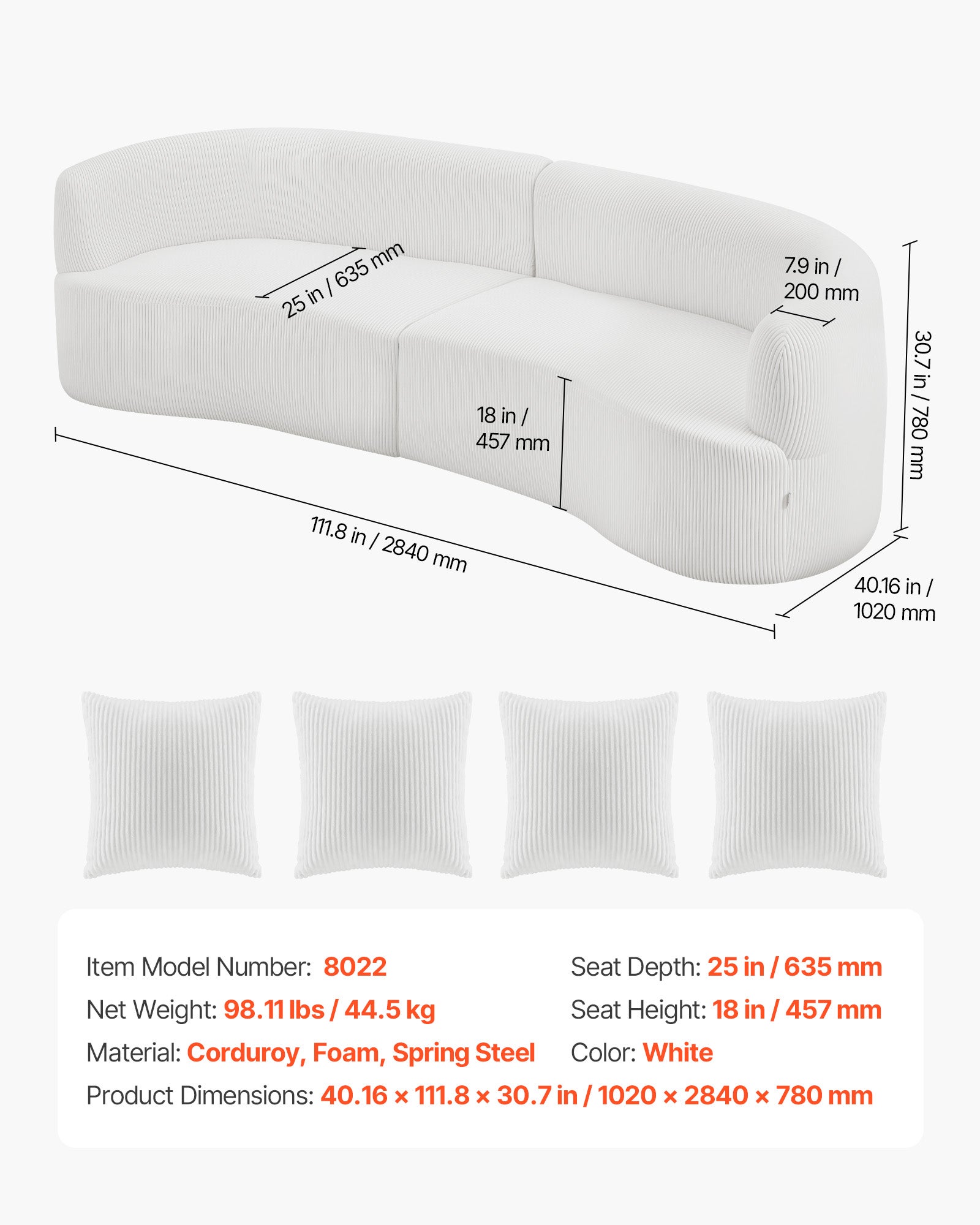 Canapé modulaire incurvé 2840 mm VEVOR, avec 4 coussins, sofa de salon surdimensionné en velours côtelé pour chambre, appartement, bureau, blanc - 7