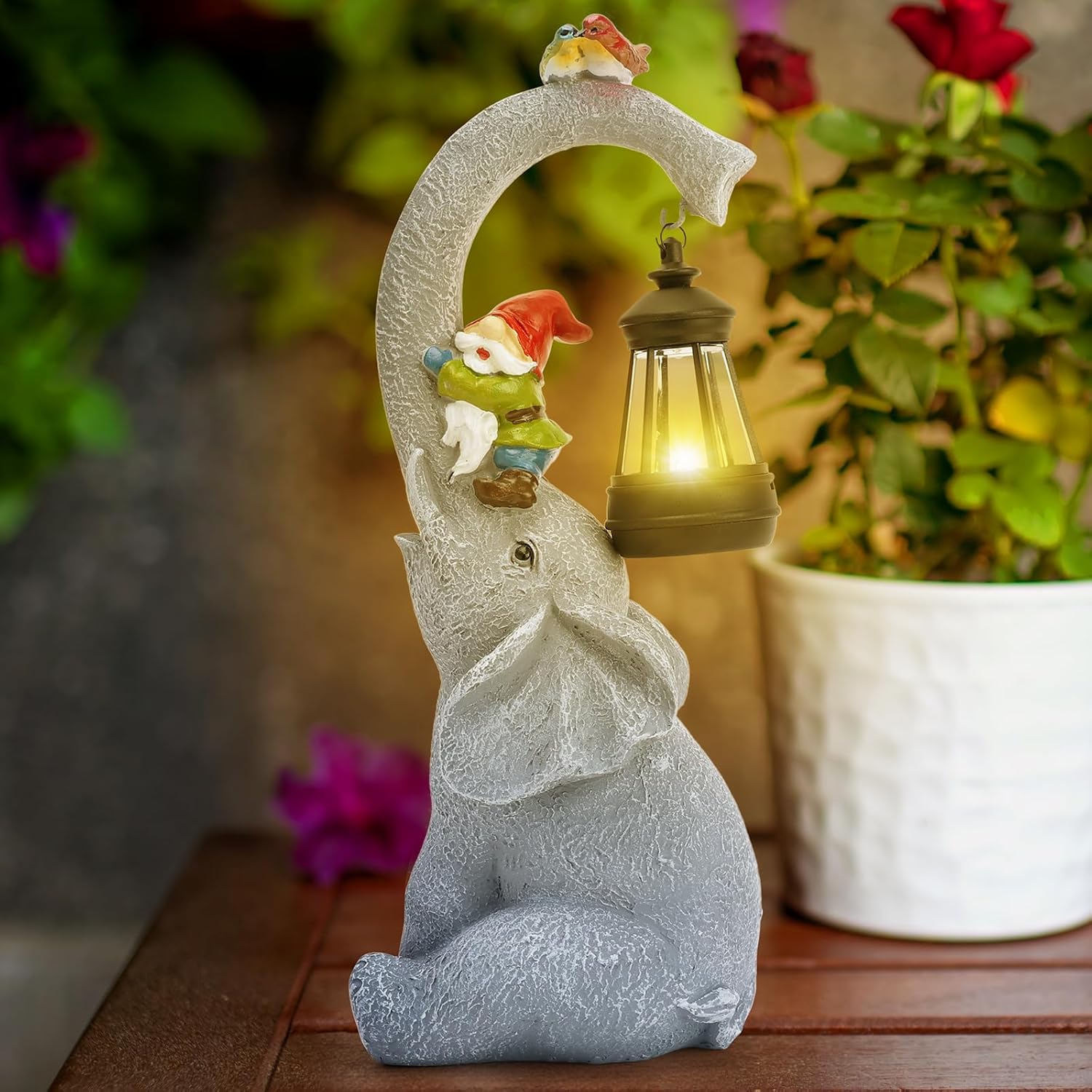 Słoniowa figurka ogrodowa, ozdoba zewnętrzna, figurka zwierzęcia ogrodowego ze światłem solarnym, dekoracyjny słoń do ogrodu, prezent na parapetówkę