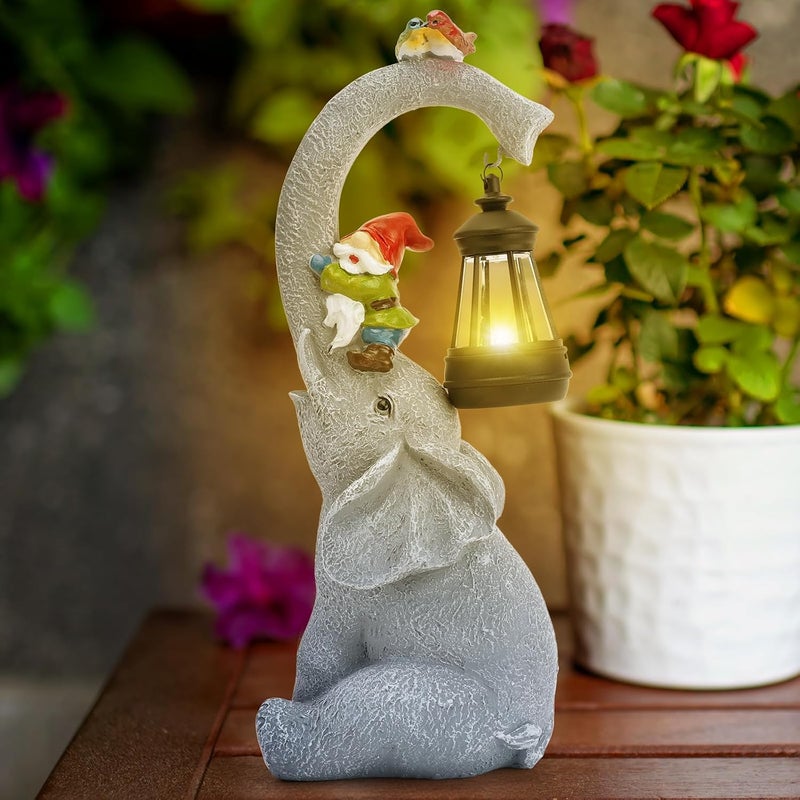 Słoniowa figurka ogrodowa, ozdoba zewnętrzna, figurka zwierzęcia ogrodowego ze światłem solarnym, dekoracyjny słoń do ogrodu, prezent na parapetówkę