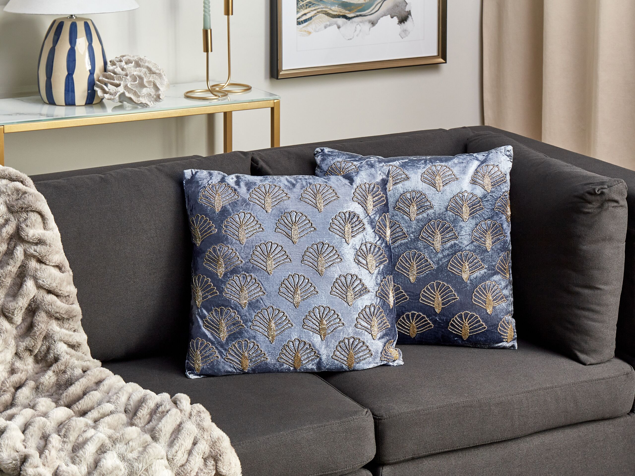 Set di 2 federe decorative per cuscini in velluto blu navy, patchwork bianco e pelle dorata, 45 x 45 cm, decorazione per soggiorno | Leroy Merlin