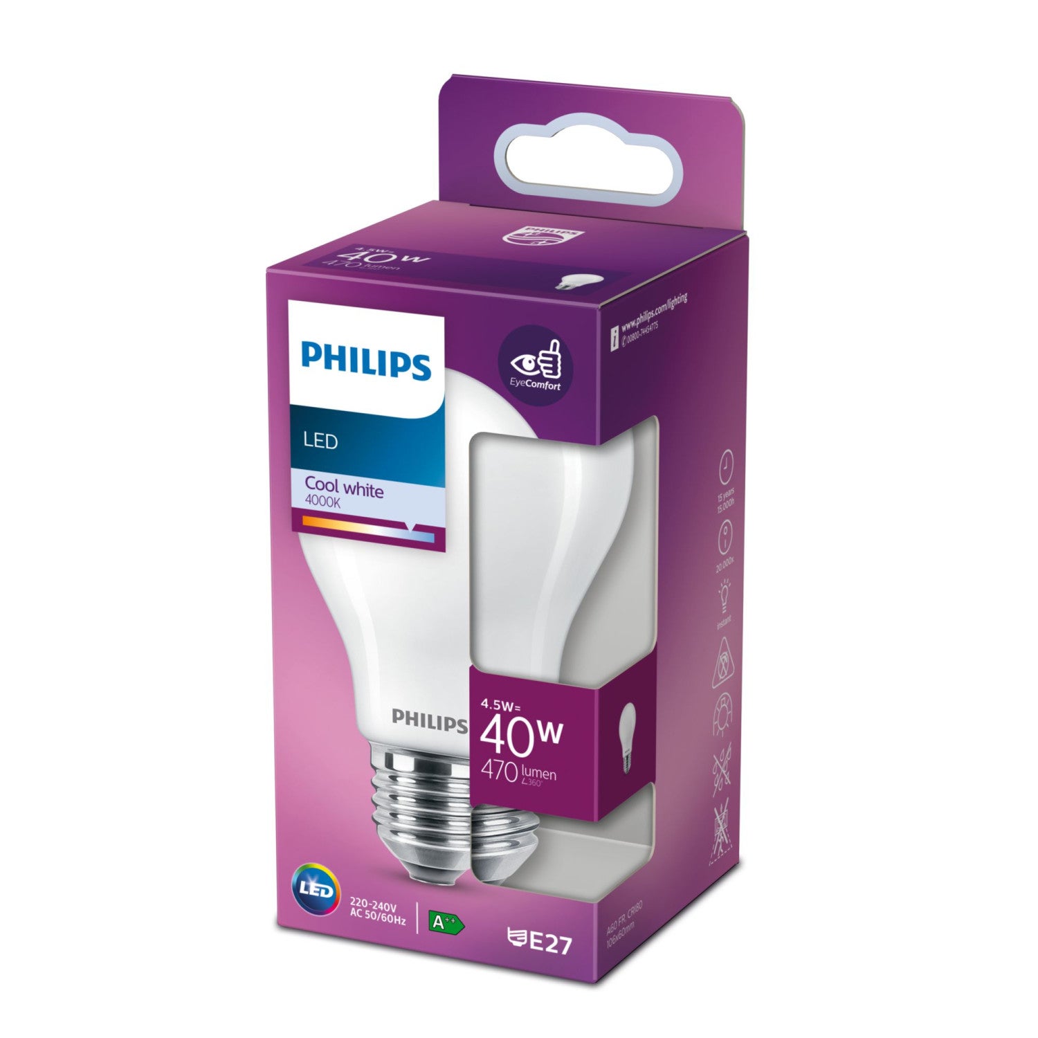 Lâmpada LED padrão PHILIPS Não regulável - Vidro fosco - E27 - 40W - Branco frio - 4