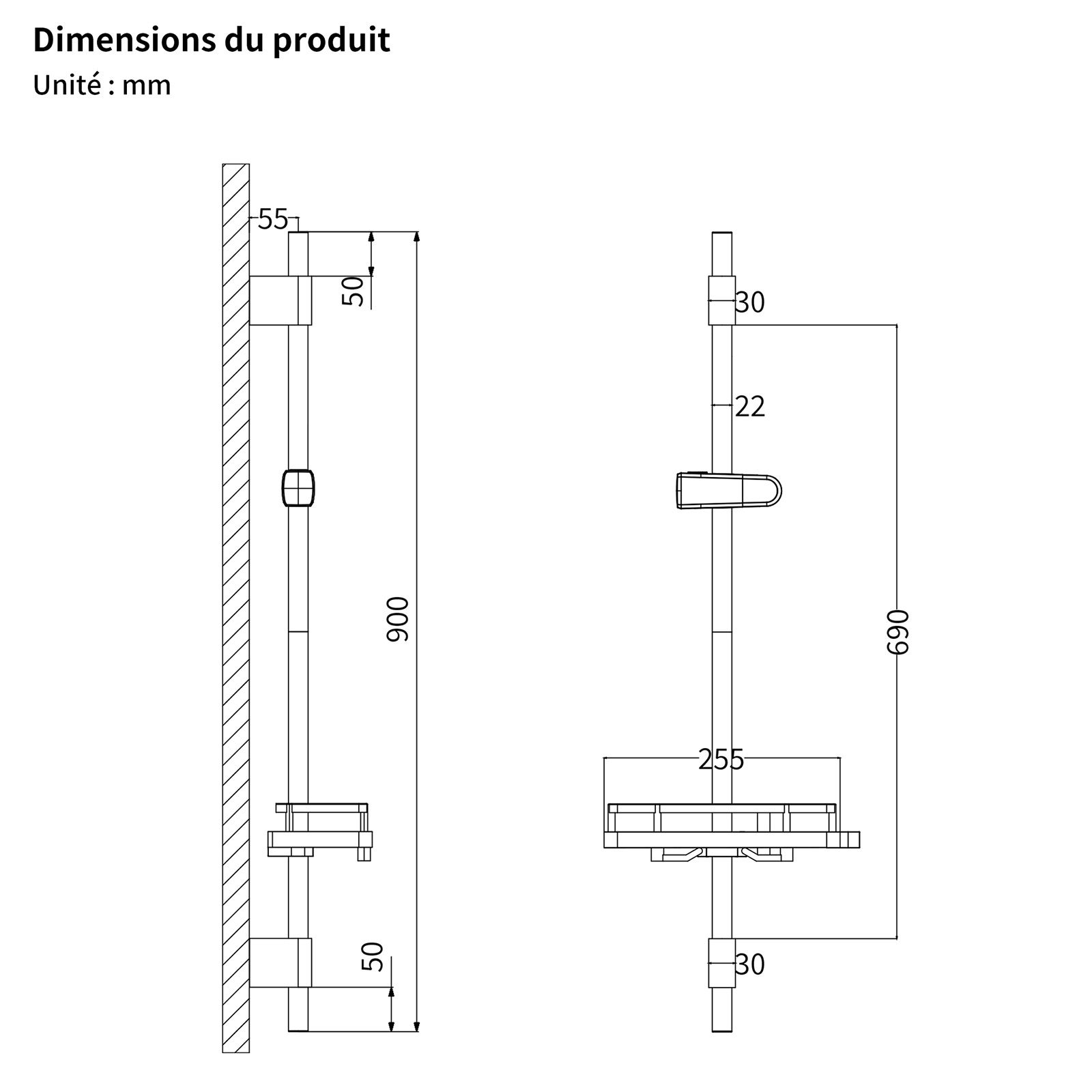 Barre de Douche Noir Réglable 900 mm avec Étagère Coulissante Intégrée, Support Ajustable Sans Perçage Supplémentaire, en Acier Inoxydable - 7