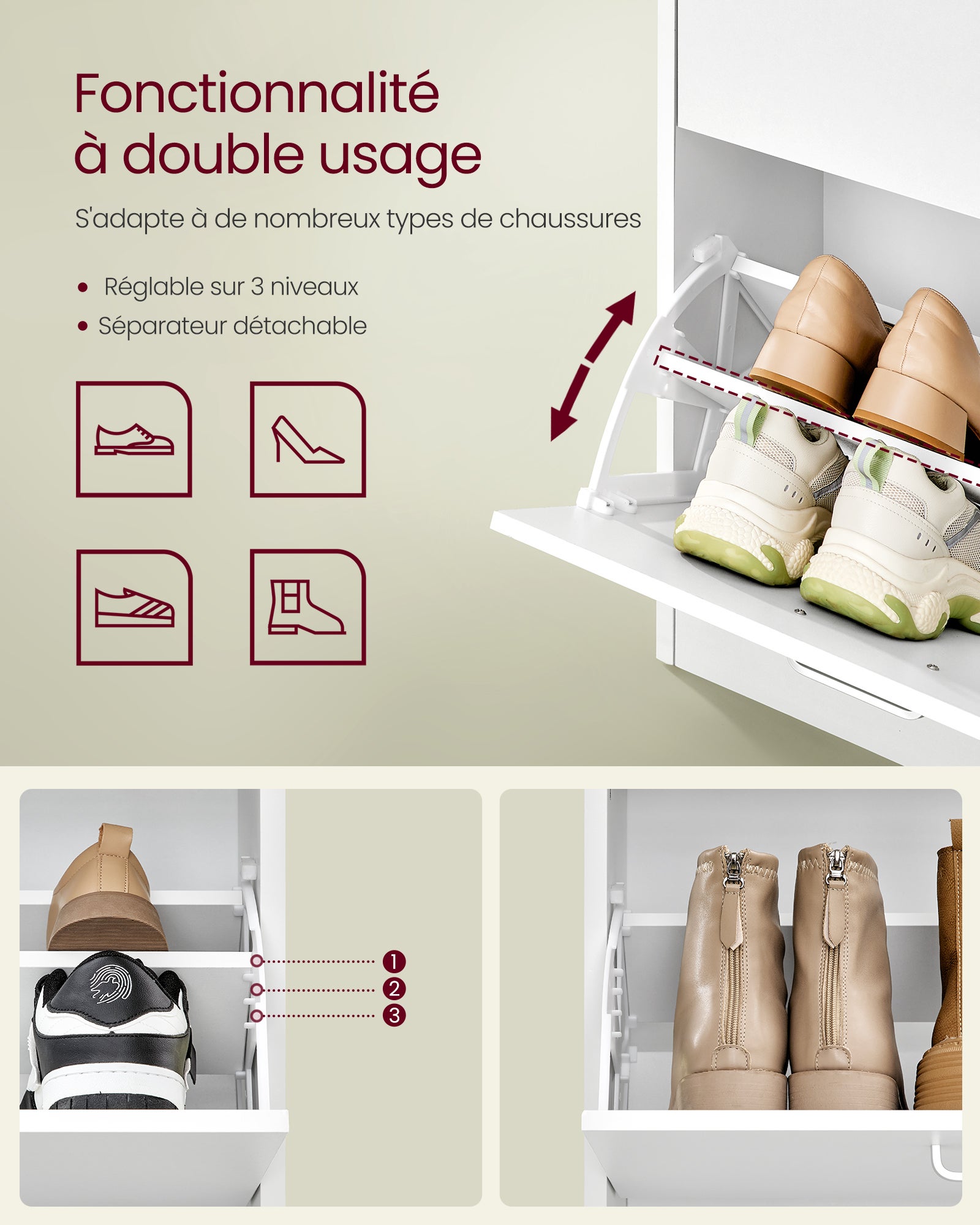 Meuble à Chaussures 4 Portes Battantes, pour 16 à 28 Paires de Chaussures, pour Entrée, 24 x 105,5 x 82,7 cm, Blanc Neige - 4