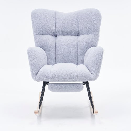 Coussin Lombaire Inclus Fauteuil à Bascule EROMMY Tissu Teddy - Coussin Lombaire - Bois Caoutchouc - Blanc - 120kg Chaise Bascule Bois Massif