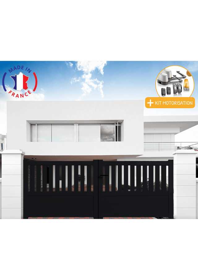 Portail aluminium battant semi-ajouré en kit + Motorisation dimensions L.3500 (entre piliers) X H.1300 mm LOCKYVIA (à bras) Couleurs Noir (RAL 9005)