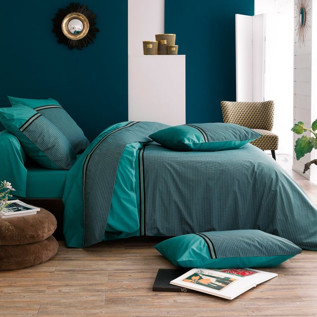 Parure de lit 260x240 cm 50x70 percale GUSTAV vert Emeraude 3 pièces