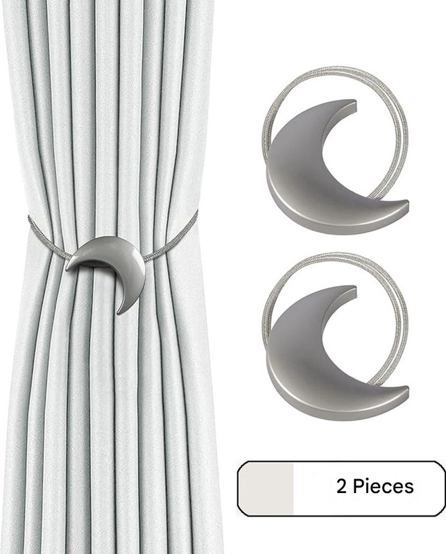 2 sztuki - Podwiązki do zasłon - Sznurek magnetyczny - Haczyk do podwiązki w kształcie księżyca - Długość 45 cm - Srebrny