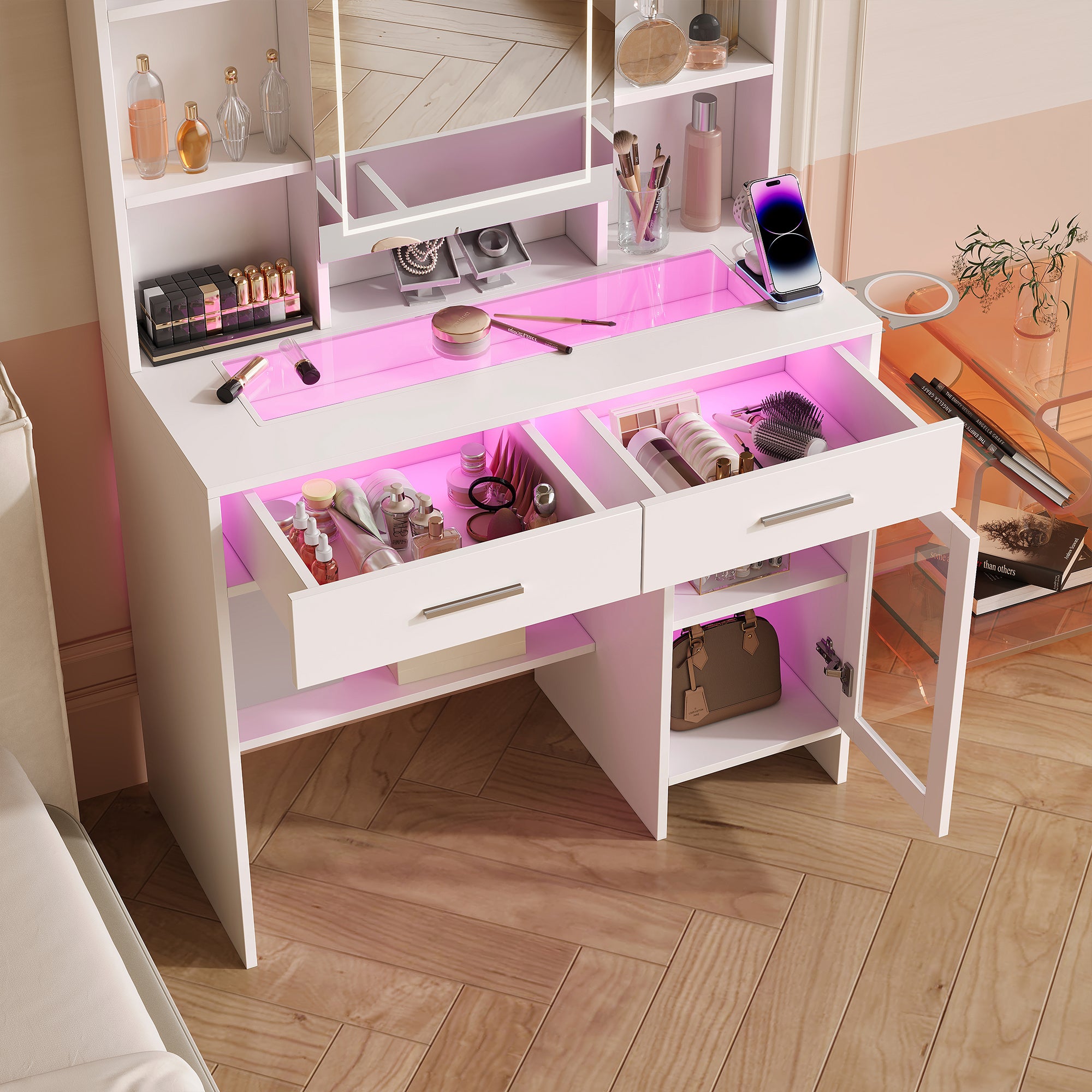 Coiffeuse avec éclairage, luminosité réglable, casiers visuels, miroir LED, avec prises, coiffeuse avec 2 tiroirs, 5 compartiments ouverts, blanche - 8
