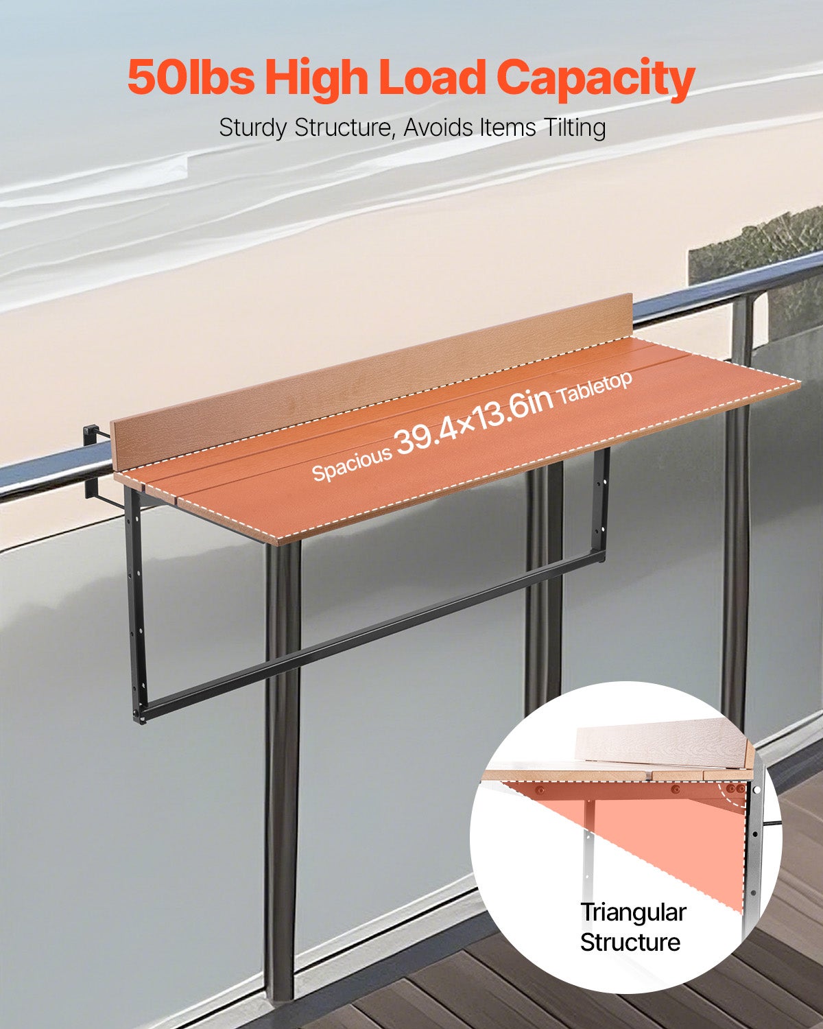 Table Suspendue Balcon,VEVOR 1000 x 485 x 480 mm,Table Pliante pour Balustrades Extérieures,avec Plateau 1000 x 345 mm,Réglable sur 5 Niveaux - 3
