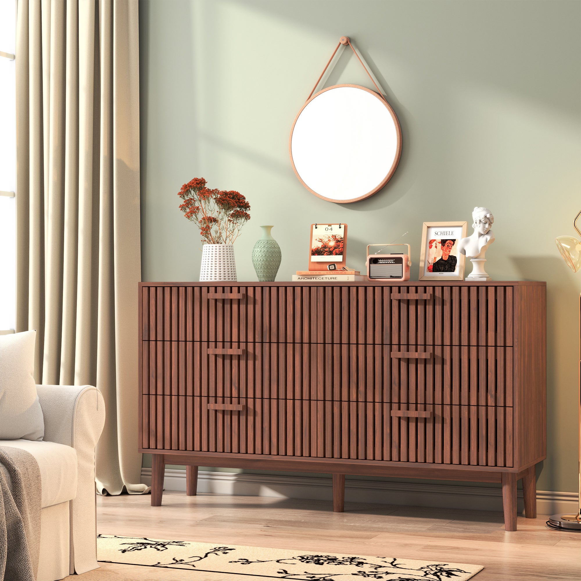 Commode 6 Tiroirs Bois, Armoire à Tiroirs Commode Chambre Adulte, Meuble de Rangement pour Salon et Entrée Couloir, Brun Foncé(100 x 34 x 73cm) - 4