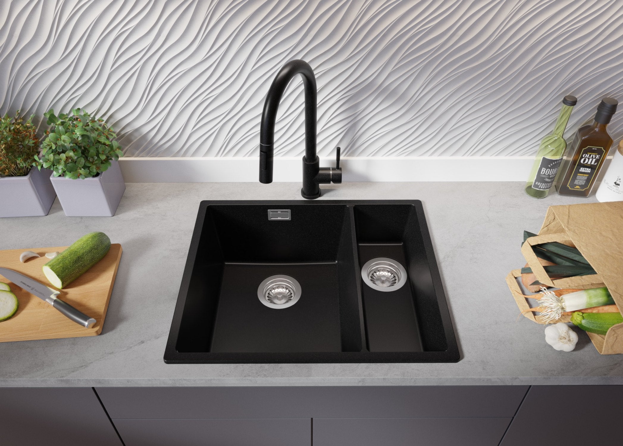 Lavandino da Cucina Tutto Nero 56x47cm, Lavello in Granito a 1,5 vasche + Accessori, Lavabo da Cucina Incasso al mobile 60cm PRIMAGRAN - 3