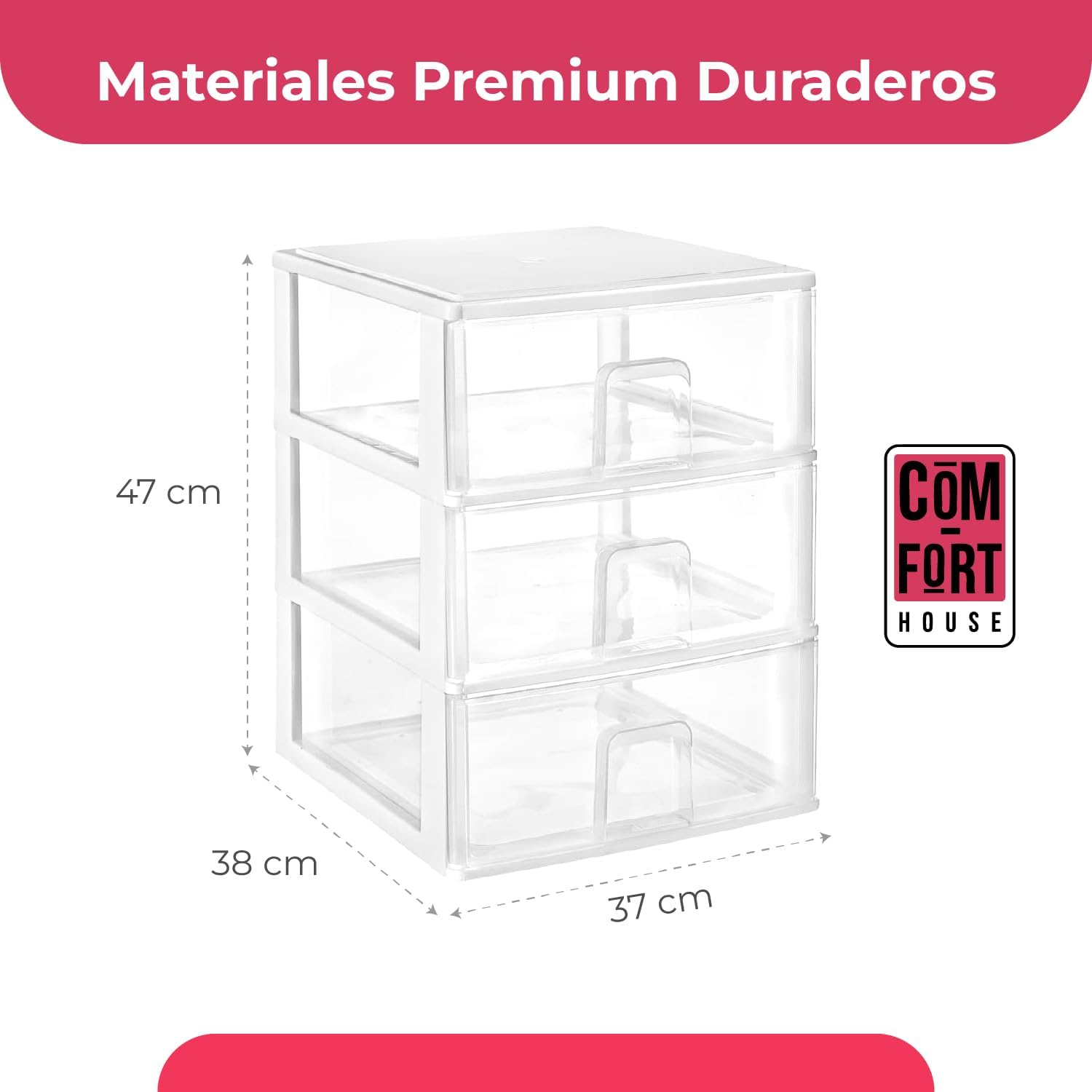 COM-FORT HOUSE | Cajonera Apilable de Plástico | Modelo Transparente | Color Blanco | Modelo de 3 Cajones | Cajones de Almacenamiento Modular - 2