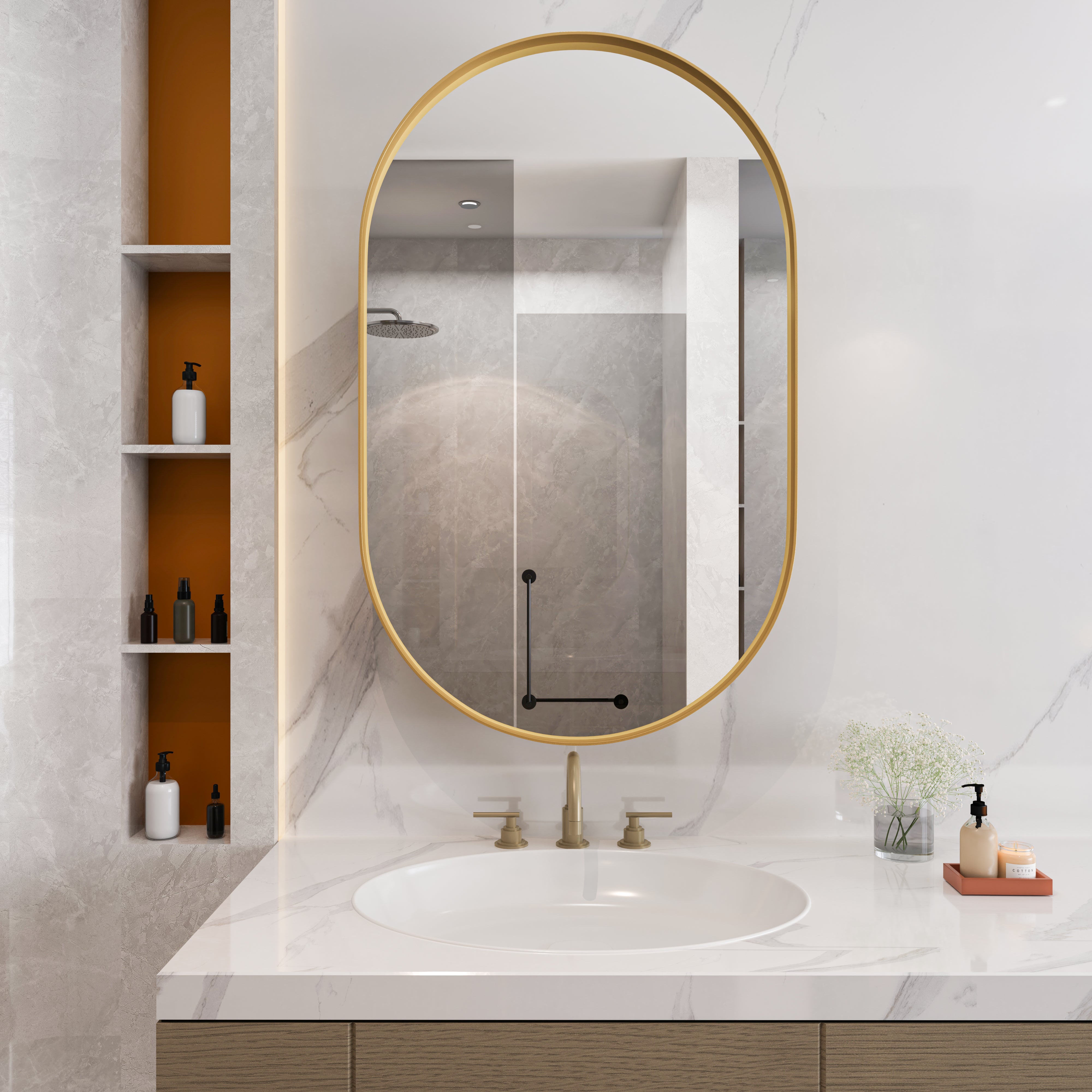 Armoire Miroir Ovale avec Cadre Métallique, Étagères Ajustables, Installation Murale ou Encastrée, Finition Blanc pour Salle de Bain - 9