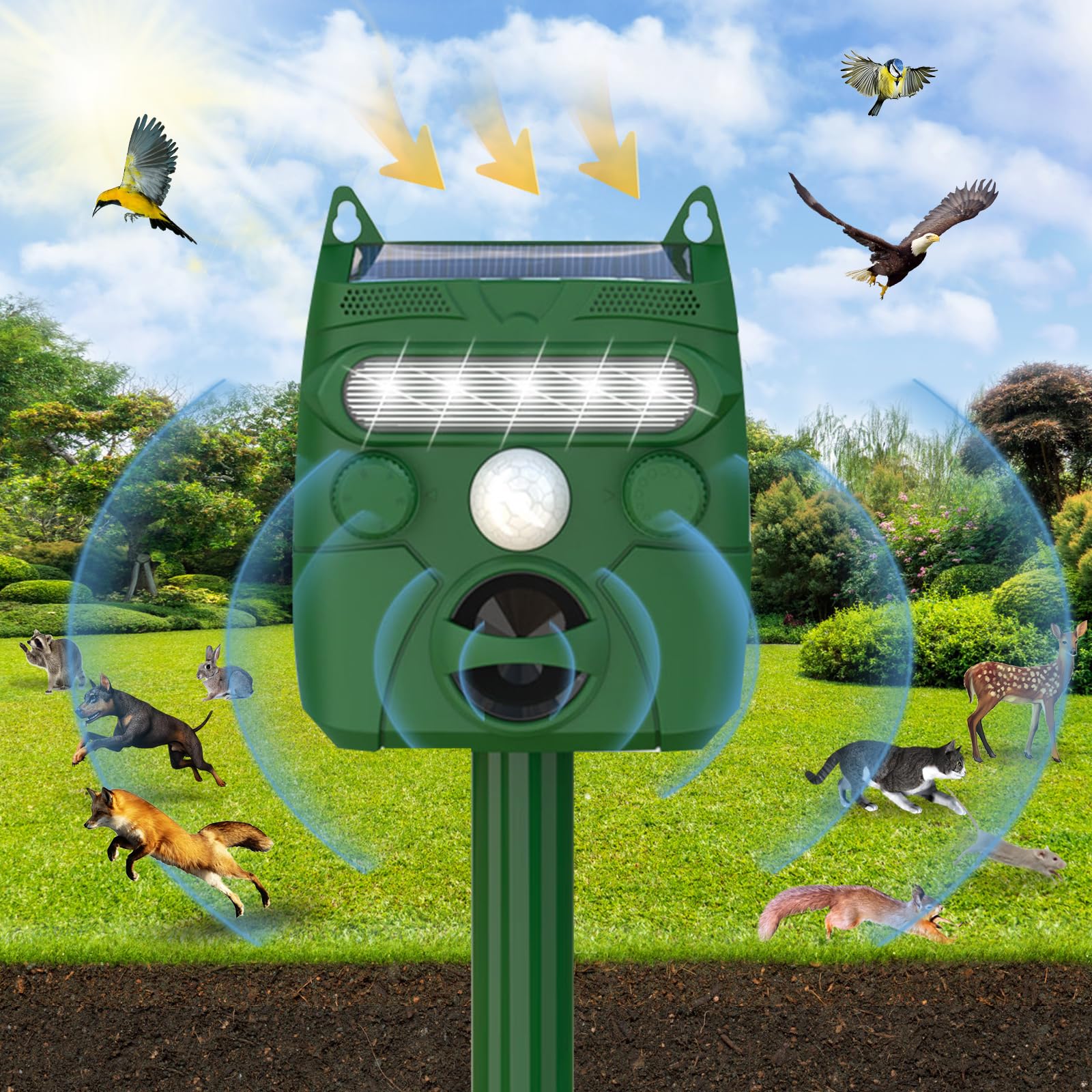 Repellente solare per animali (esterno): sensore vibrazione/movimento, impermeabile con luce lampeggiante, a ultrasuoni, respinge serpenti, talpe, gatti, cani, scoiattoli, cervi, procioni
