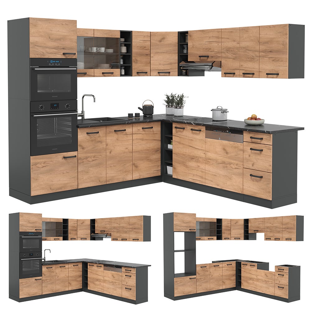Vicco Cuisine en angle R-Line, Chêne doré/anthracite, 247x46cm sans PT - 8