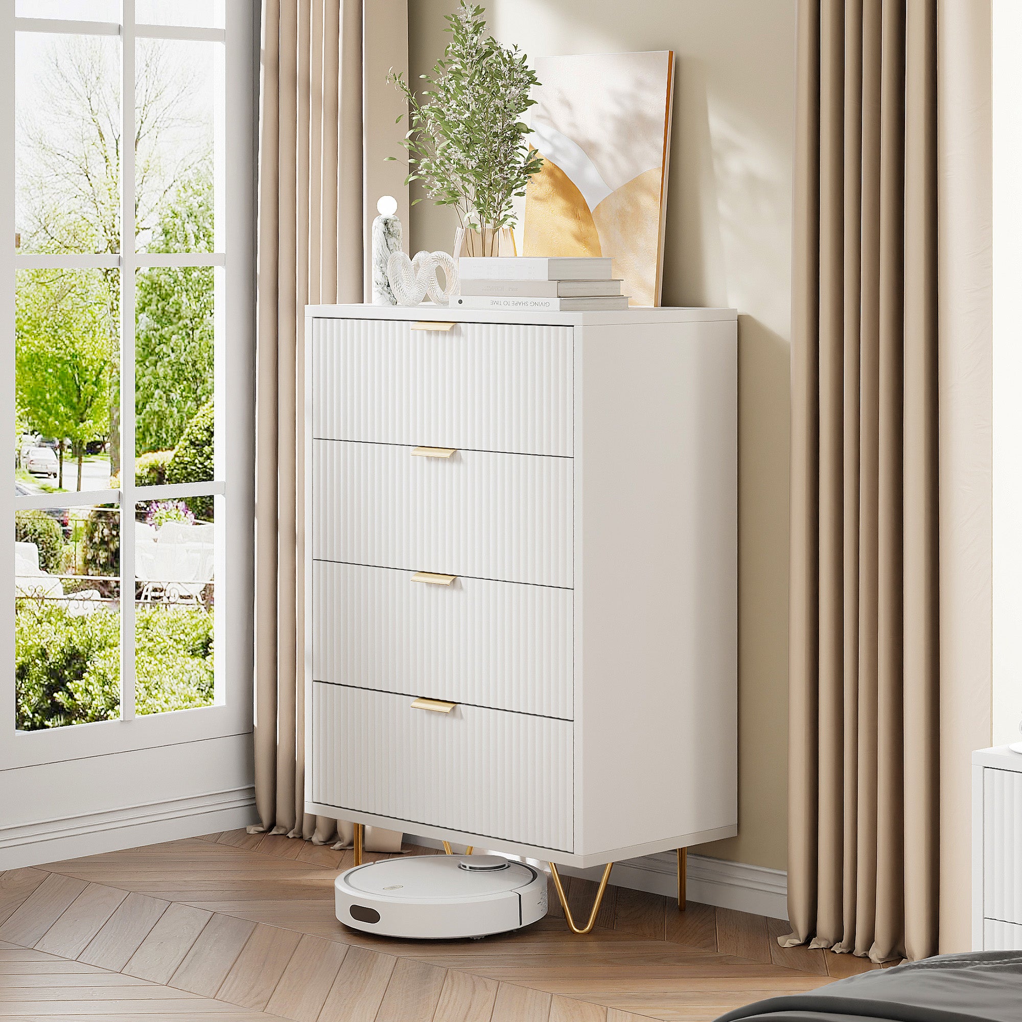 Commode 4 tiroirs blanche avec façade à motif ondulé, poignées dorées et pieds en métal, style moderne, grand espace de rangement - 8