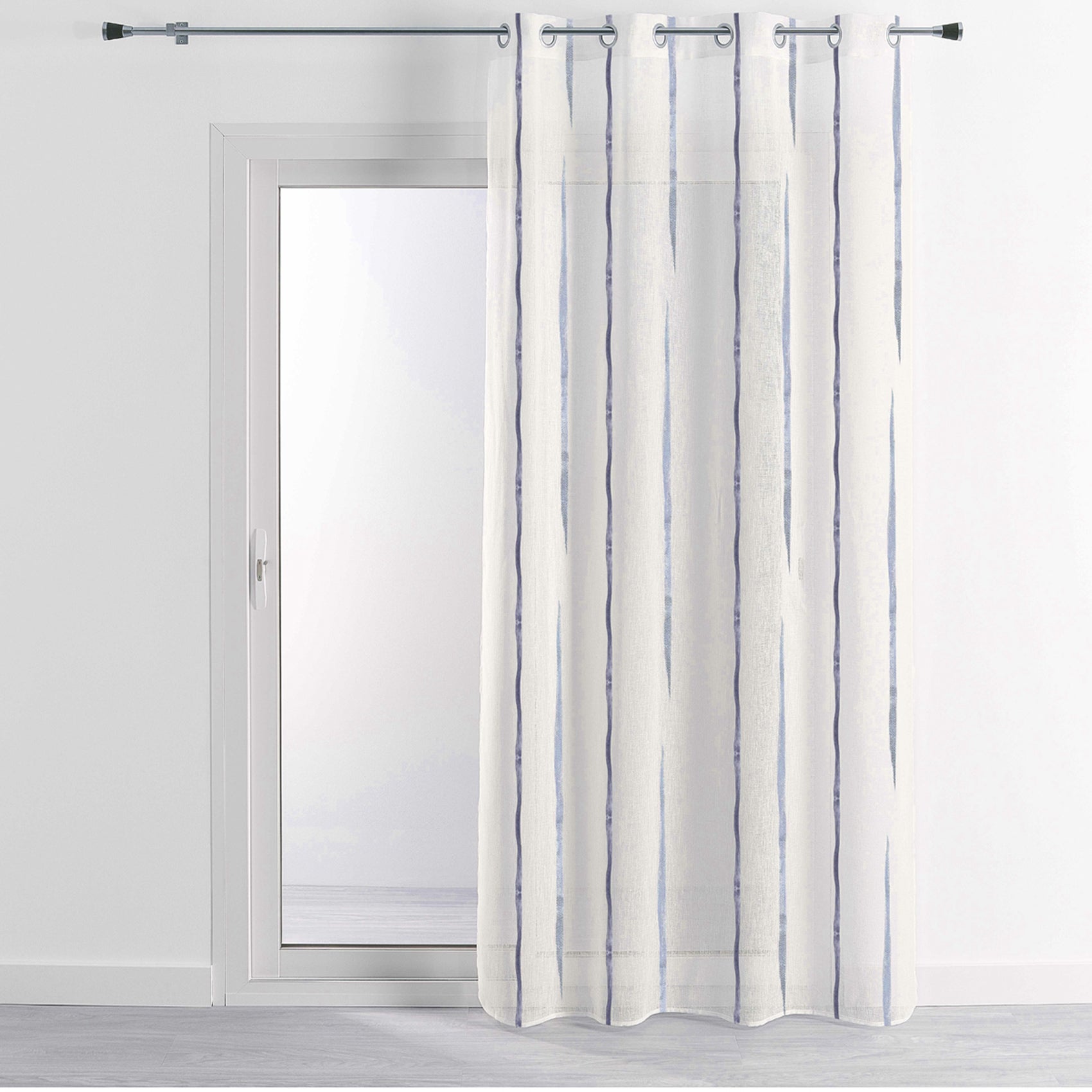 Voilage Neuf Blanc Rayé Gris Bleu – 140x240 Cm – Polyester – Tête à œillets – Style Moderne Vintage