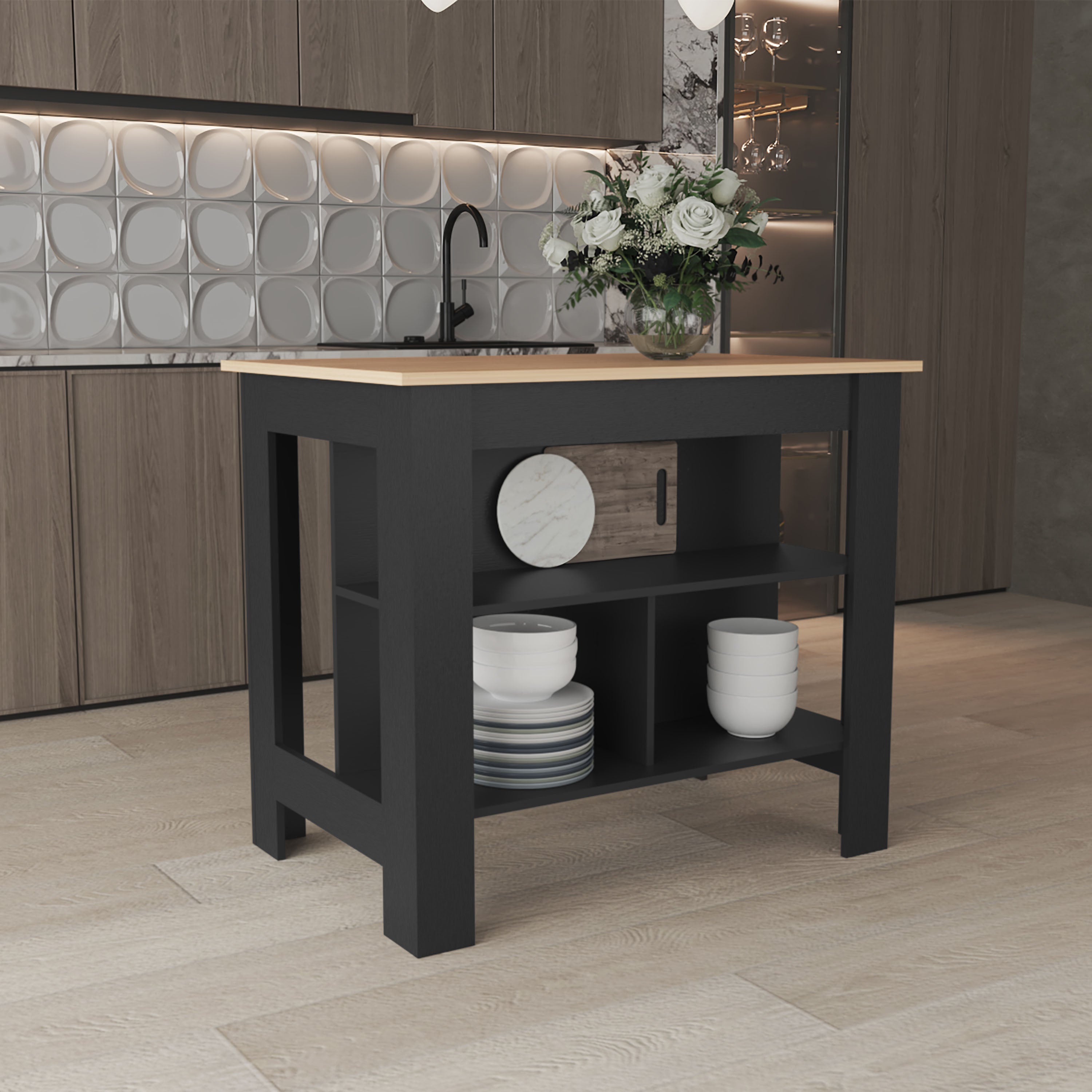 Isla de cocina Cala en melamina con 3 estantes , Rovere / Negro , 90 cm X 103 cm X 70 cm - 4