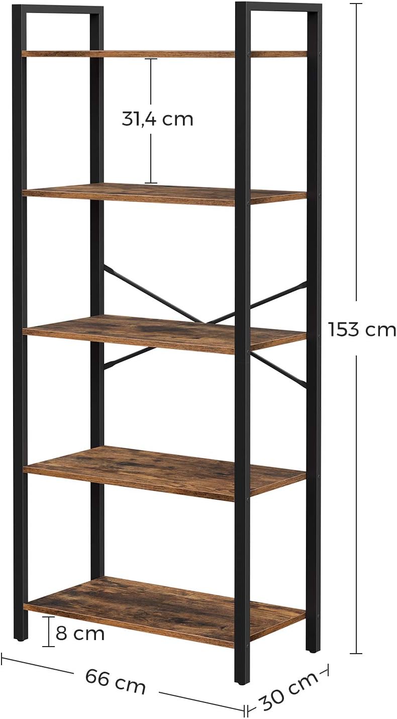 VASAGLE Étagère à 5 Niveaux, Bibliothèque avec Structure en Acier, pour Salon, Bureau, entrée, Style Industriel, Marron Rustique et Noir - 5