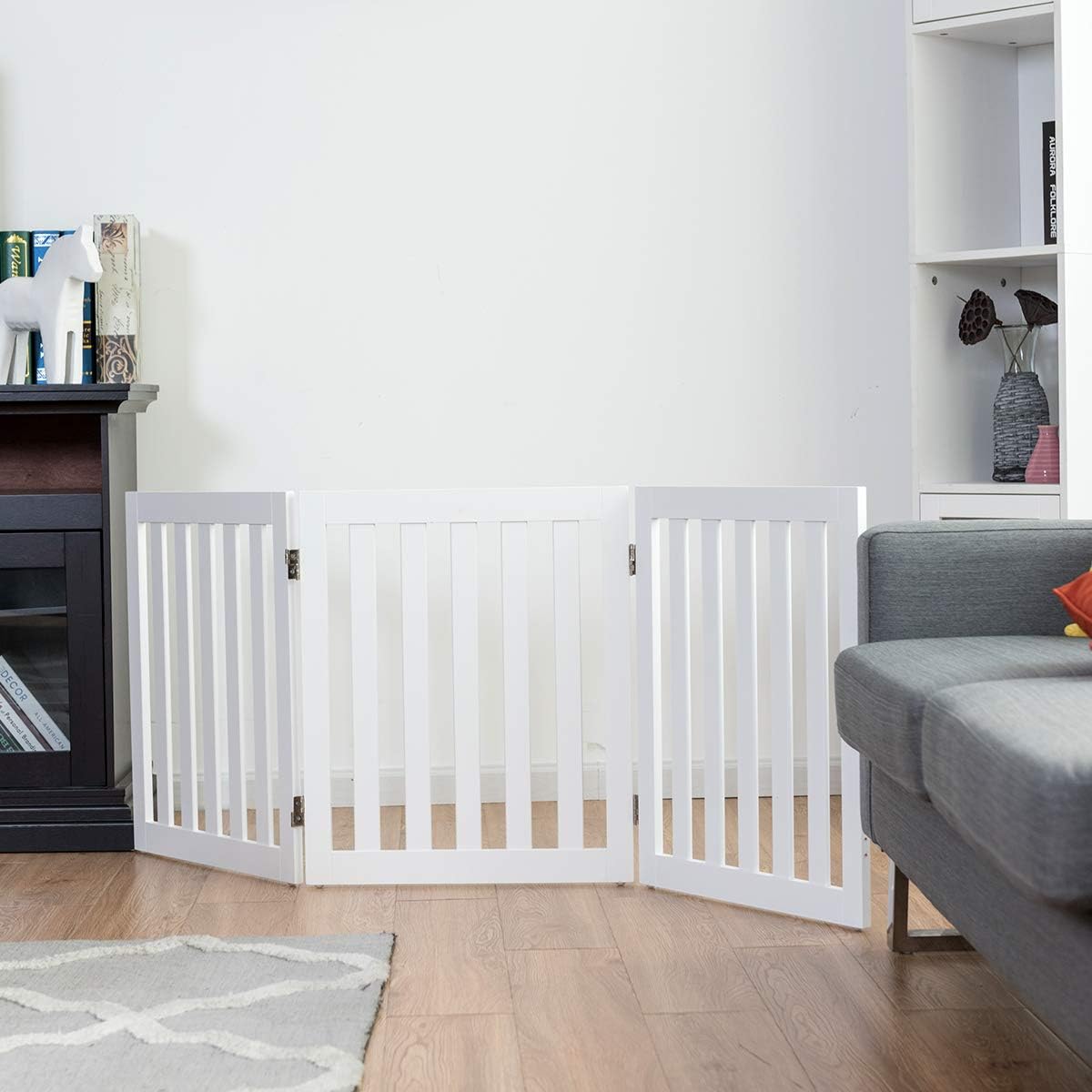 Cancelletto per Cani Pieghevole a 3 Pannelli, con 2 Piedi, in Legno, Ideale per Cani di Piccola/Media Taglia, Bianco - 5