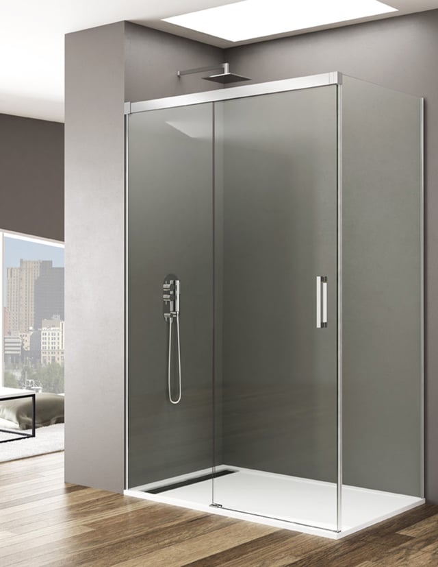 Mampara de ducha Angular ALLSTONE BASIC 1+1 con lateral fijo, sin perfil inferior. 160x80 cm cristal Transparente perfil Cromo