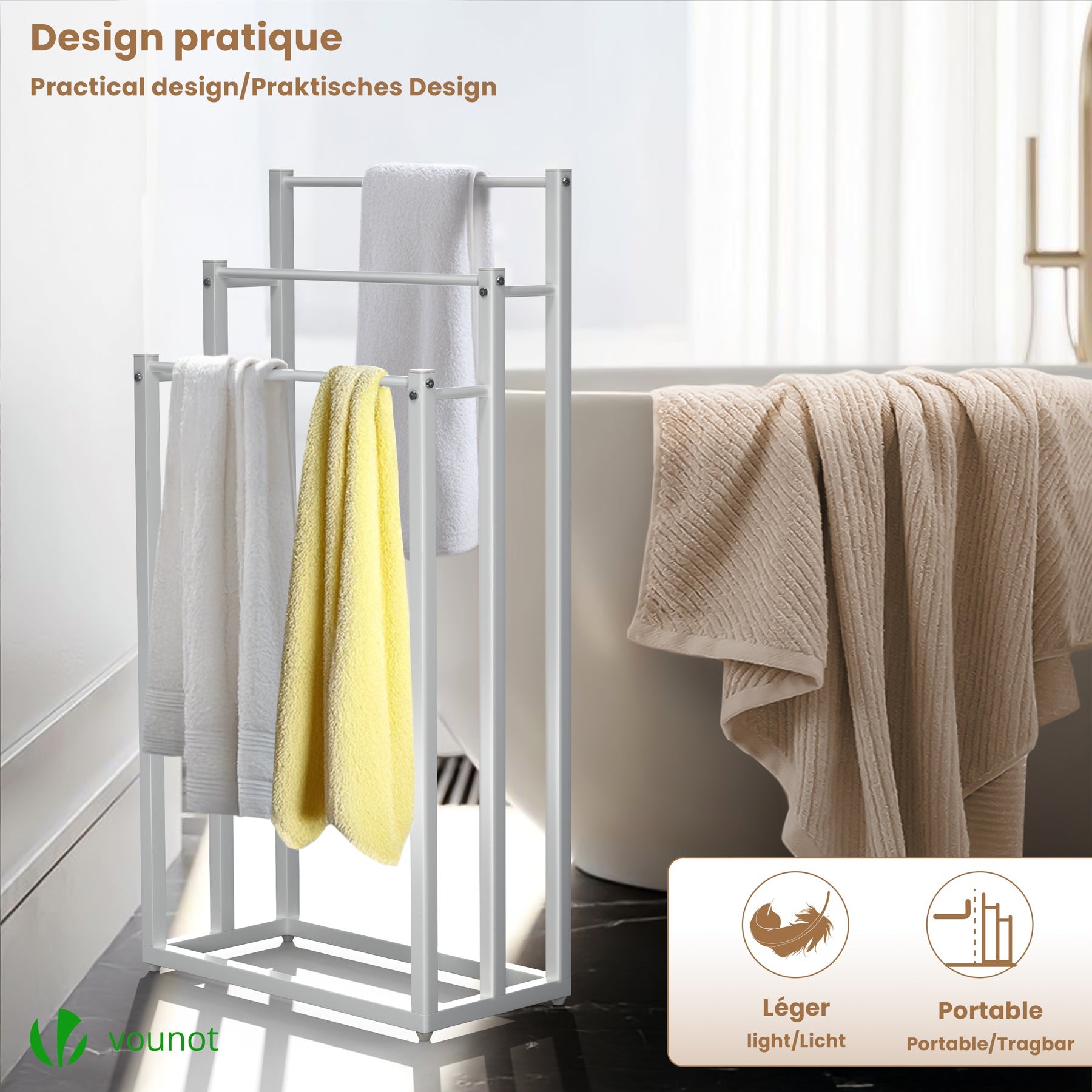 Porte serviettes sur pied autoportant 3 niveaux blanc VOUNOT® - 7