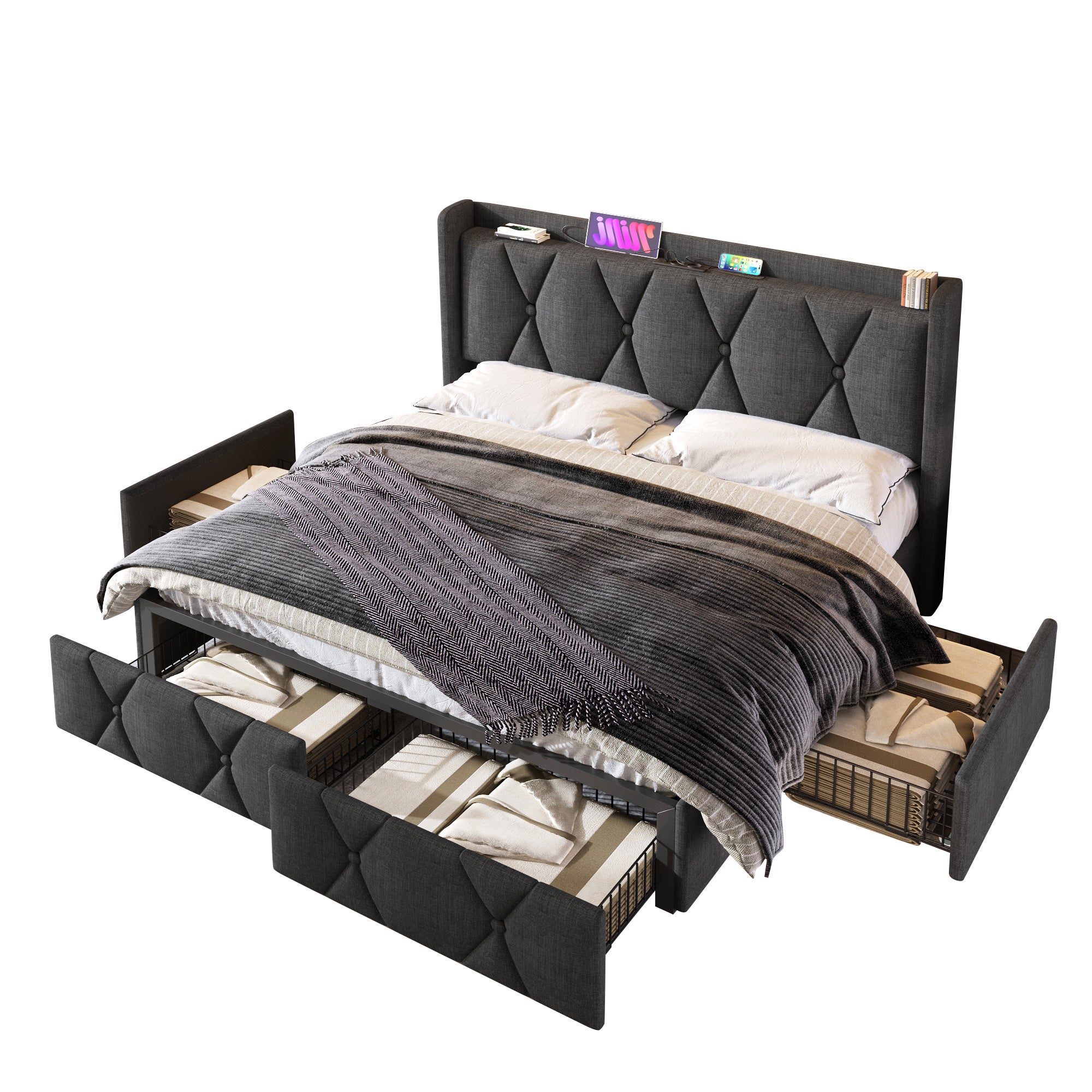 Lit coffre lit 160x200 cm Lit rembourré lit double avec Tête de Lit USB, 4 Tiroirs de Rangement et Sommier à Lattes Bois - lin -Gris - 2