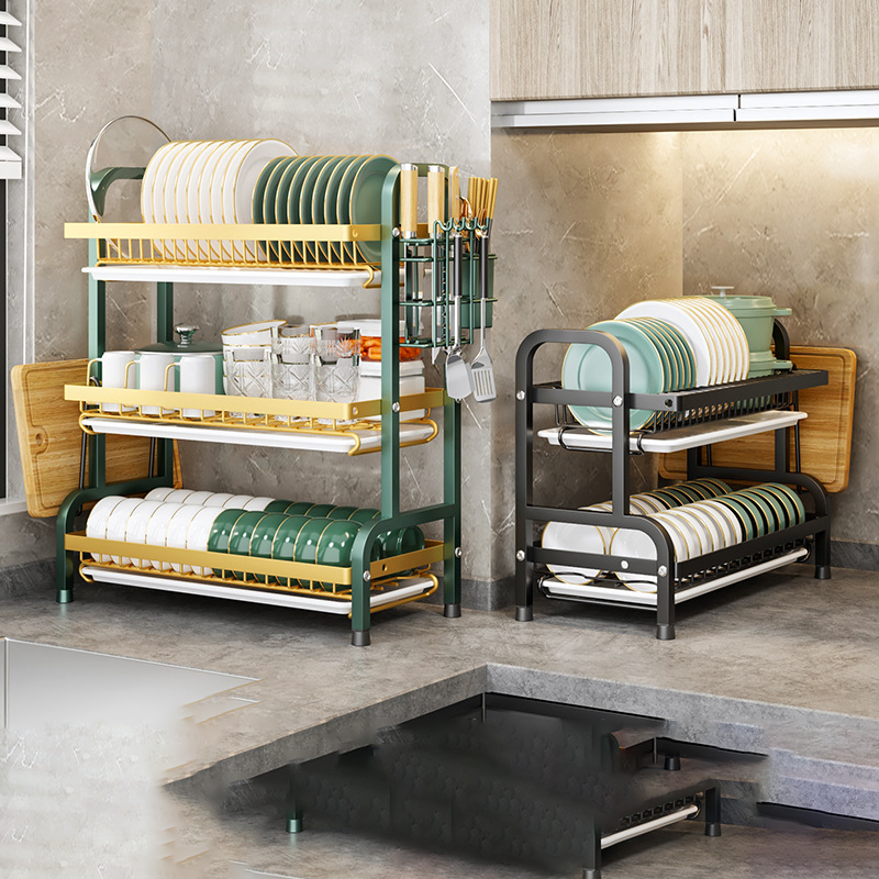 Égouttoir vaisselle double niveau Darmlink vert – Acier inoxydable, grande capacité, avec plateau d’égouttage, pour assiettes et bols - 2