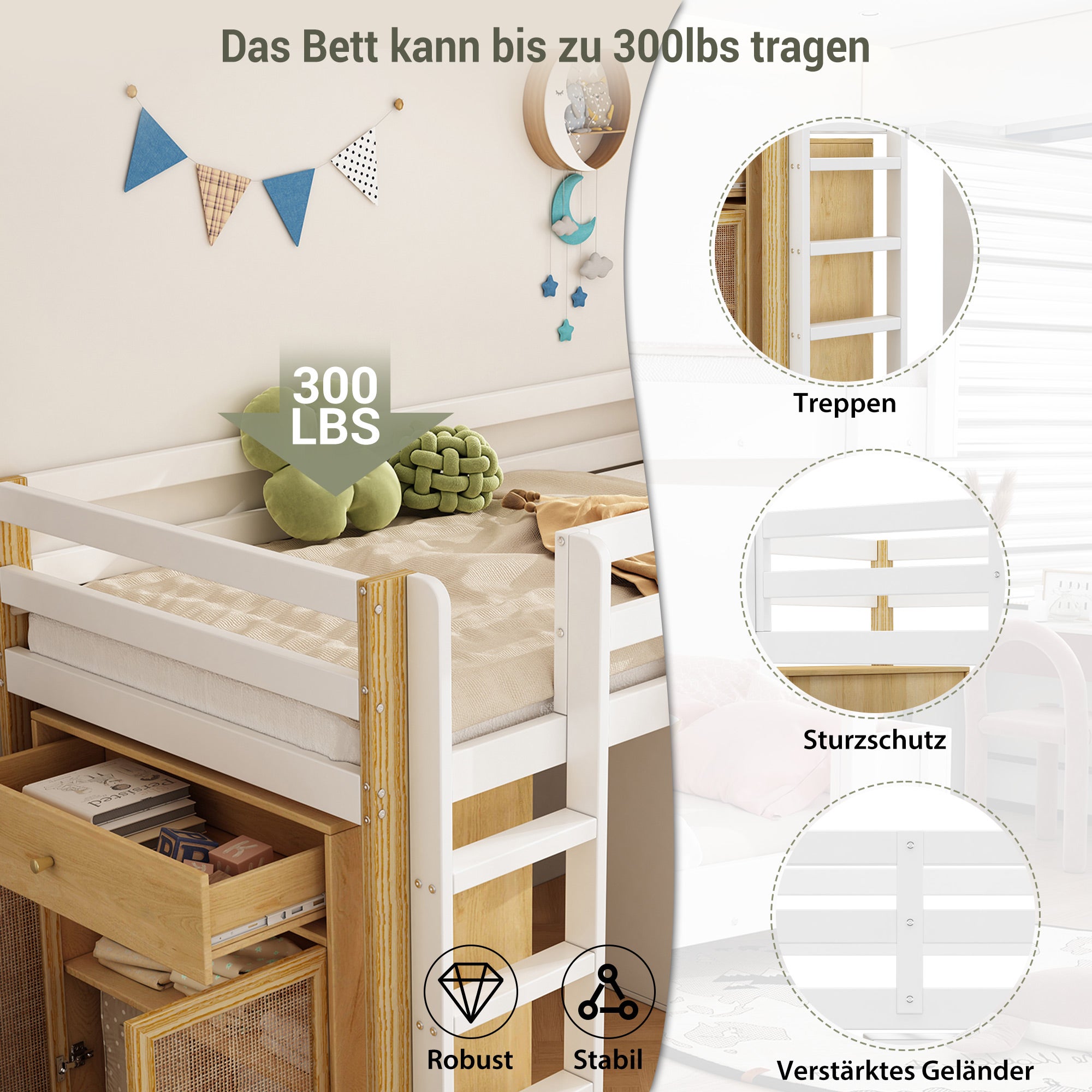 Łóżko piętrowe dla dzieci 90 x 200 cm - 2 szafy i drabinka - Drewno lite + MDF - Kolor naturalny + biały (materac nie jest wliczony w cenę) - 6
