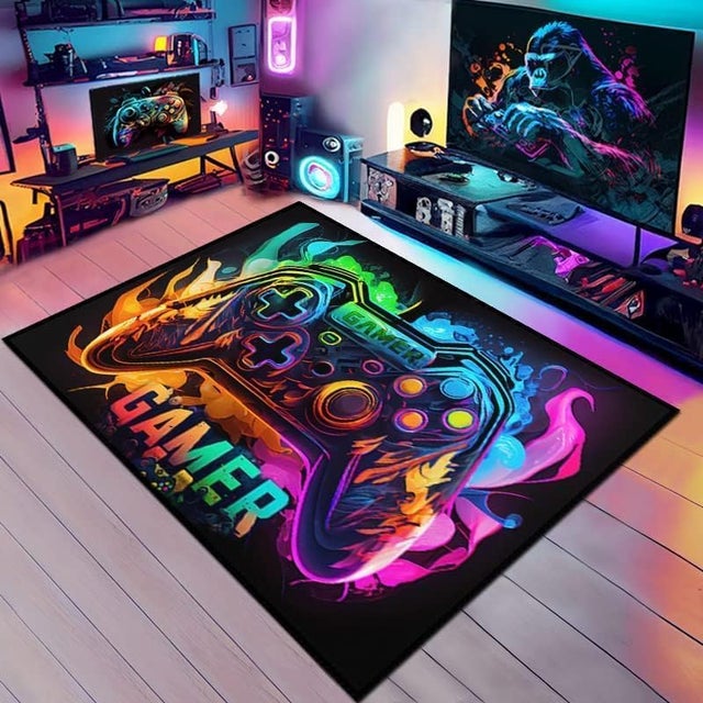Tapis Gaming En Peluche Douce Pour Chambre - Motifs Géométriques Néon, Antidérapant, Taille 140x200 Cm Rouge