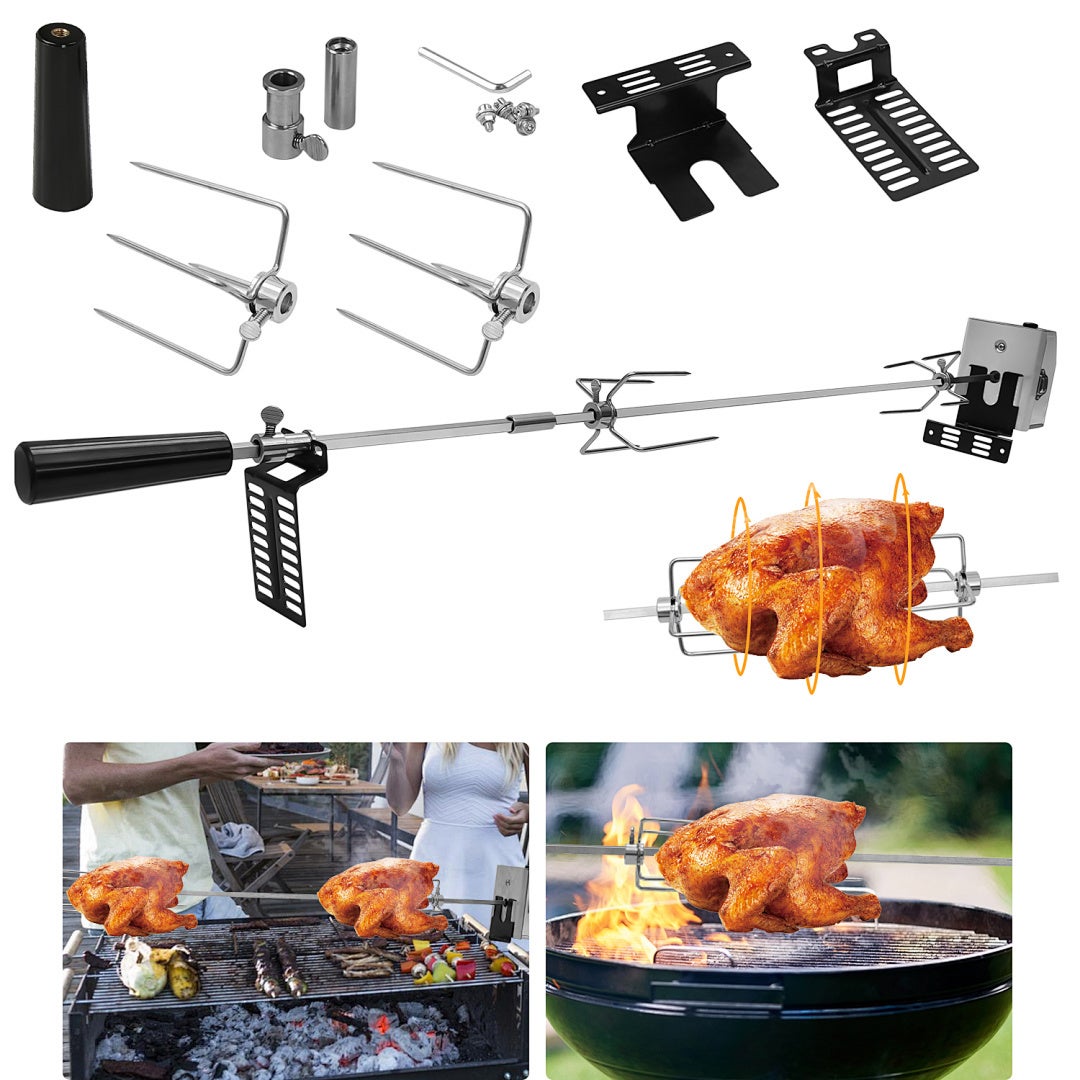 Rożen 107 cm inox 304 do grilla gazowego lub węglowego, silnik 4W 220-240V, 2 widelce w zestawie, maks. obciążenie 10 kg