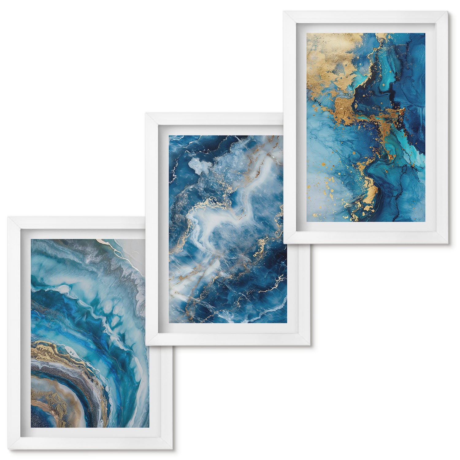 Ensemble de tableaux encadrés - 3 parties | Motifs abstraits bleus dans ...