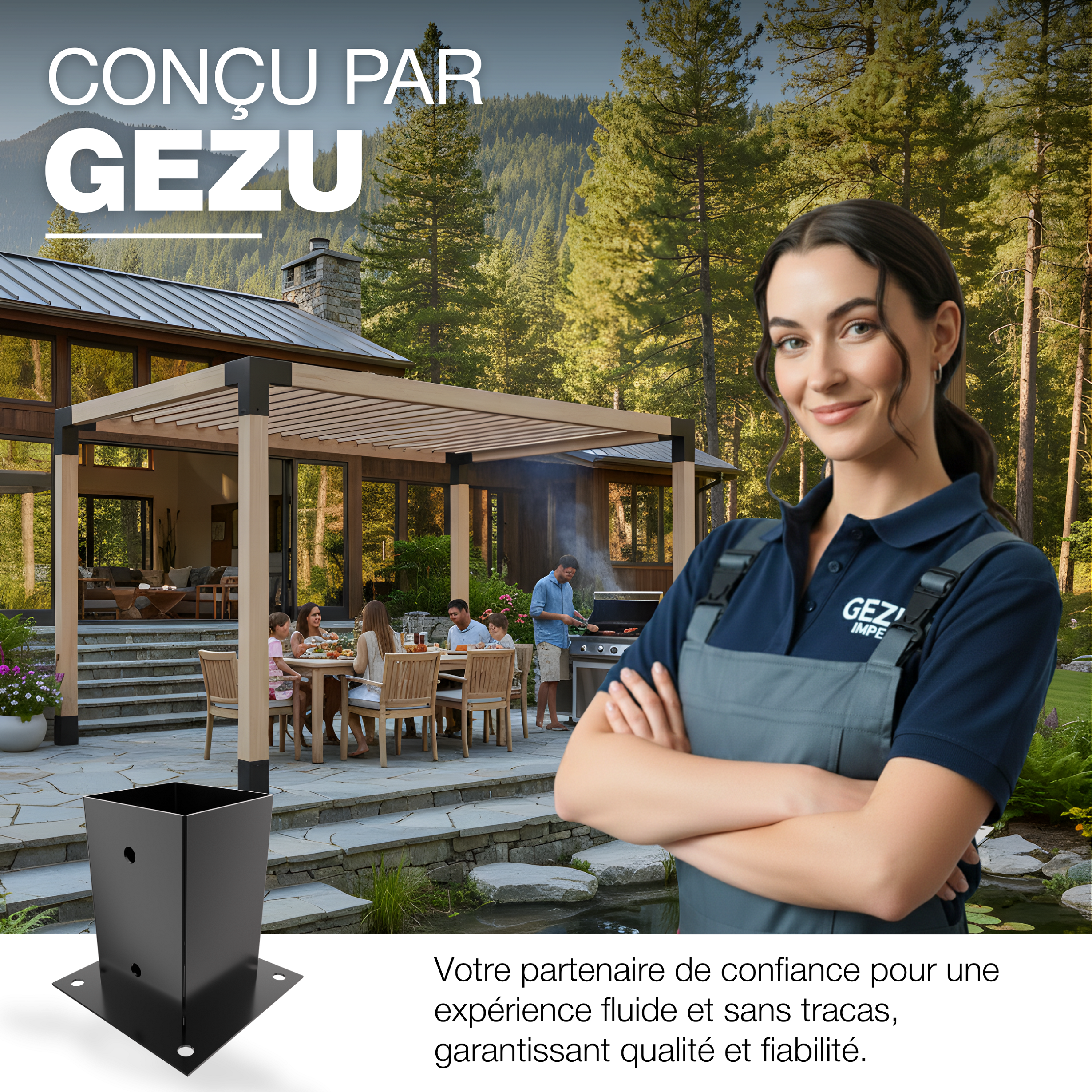 Support Poteau a Visser Revêtement en Poudre Noir 91 x 91 mm pour bois pied platine clôture pergola angle base GeZu Impex - 7