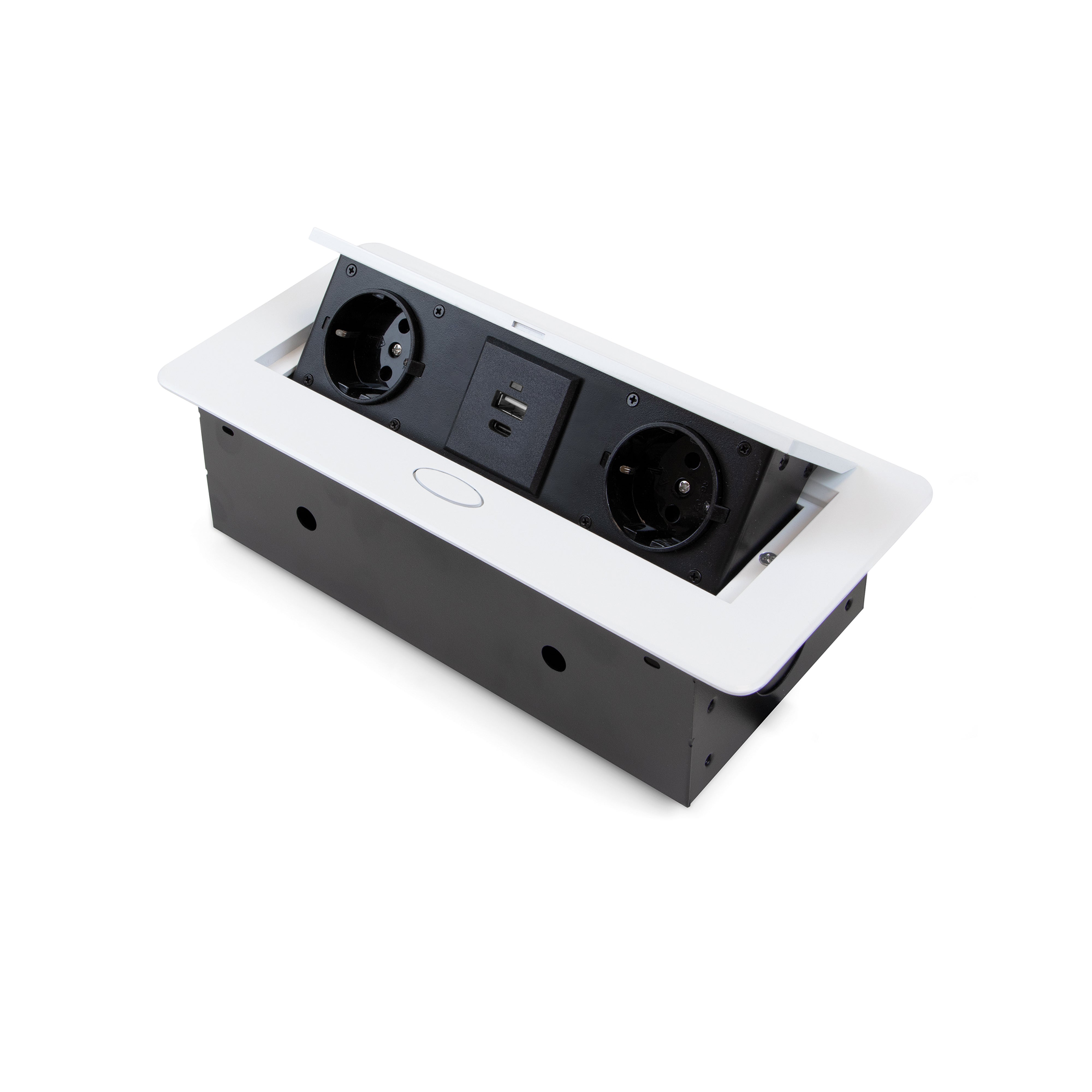 Emuca Listwa zasilająca biurkowa Atom 26 Lite, 225x111 mm, 2 gniazda Schuko, 1 USB typu A, 1 USB typu C, Znal-stal-plastik, Biały