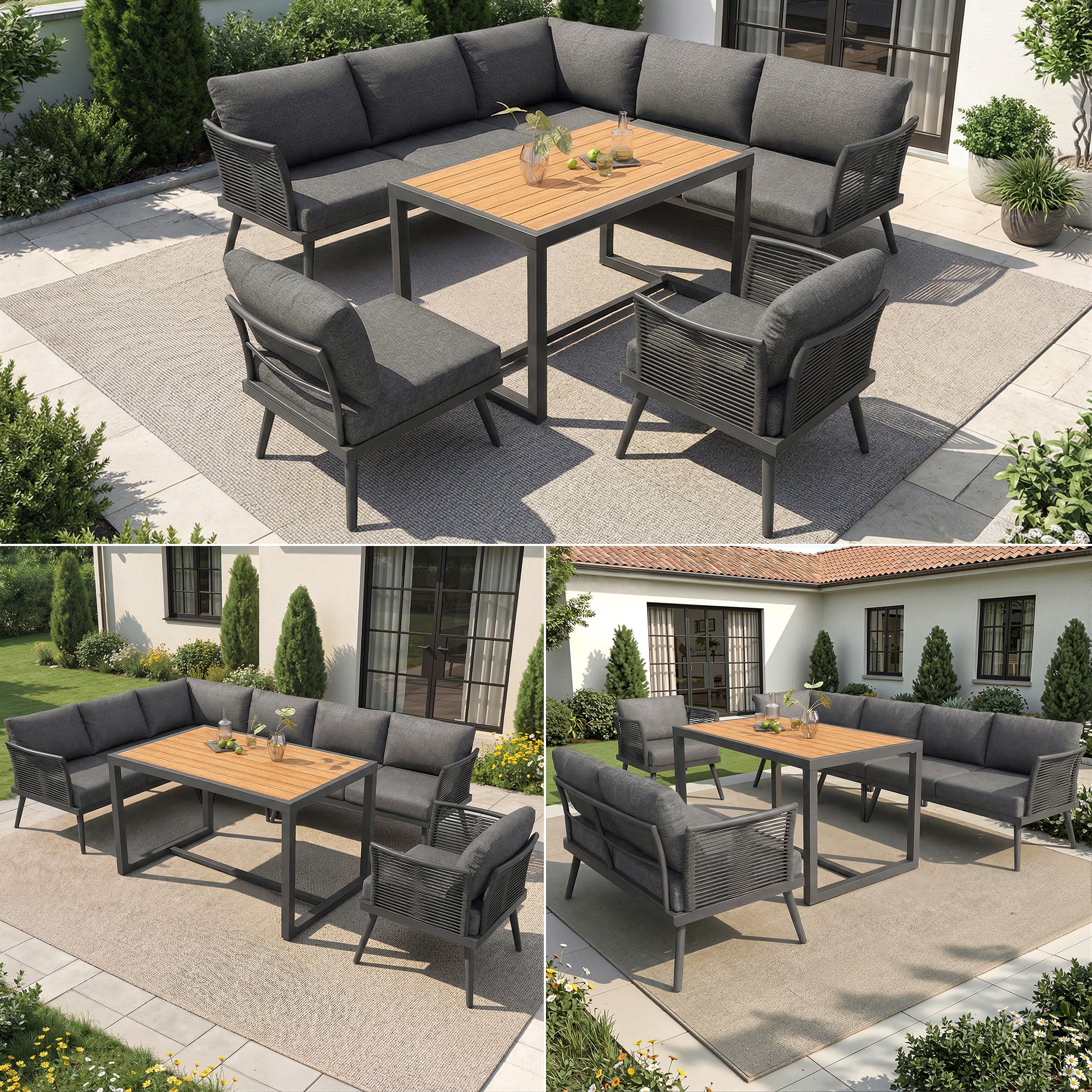 Ensemble de canapé de jardin 7 places,Canapé d'angle extérieur en forme de L avec coussin,main courante tressée,Ensemble de jardin imperméable,Gris - 7