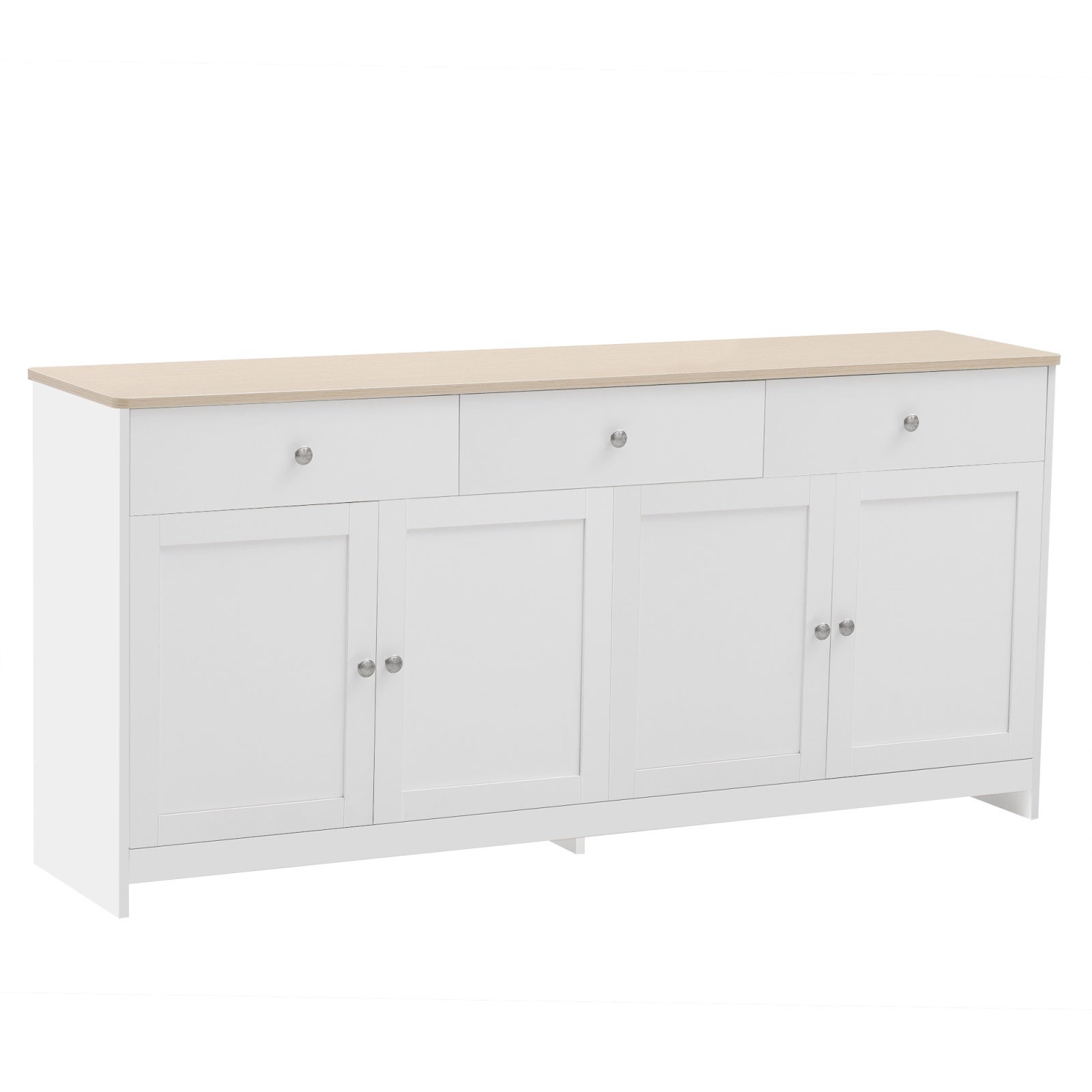 Buffet Bahut 160x37x75cm - Style Campagne Moderne avec 4 Portes et 3 Tiroirs - Plateau Effet Chêne et Corps Blanc - 5