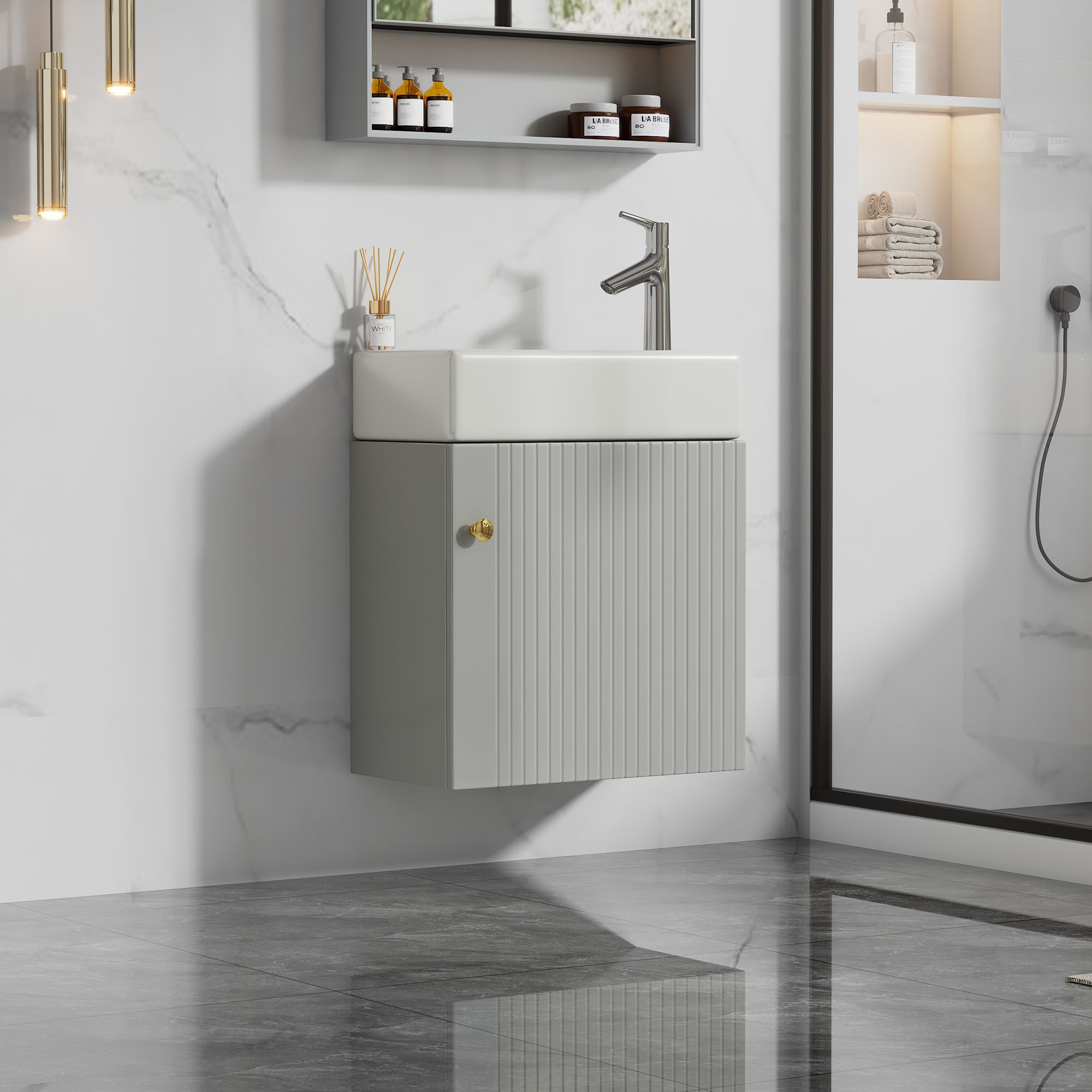 Wisząca szafka łazienkowa 46 cm z umywalką - nowoczesny design, optymalne przechowywanie, kompaktowa i wodoszczelna - szara