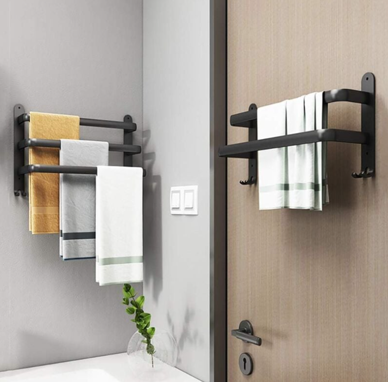 Porte Serviettes Salle de Bains Noir - Barres Porte Serviettes Adhesif Mural - Étanche avec Crochet(30cm, Three Bars) - 3
