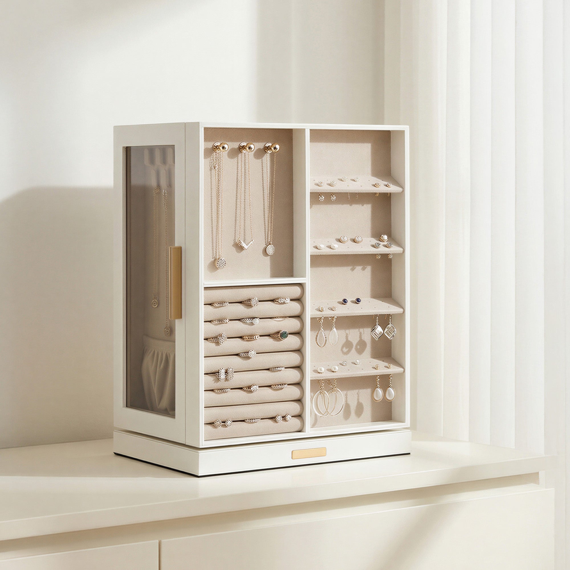 Boîte à Bijoux Rotative à 360°, Coffret de Rangement avec 5 Tiroirs, Fenêtre en Verre, Spacieux, Idée Cadeau, Blanc - 3