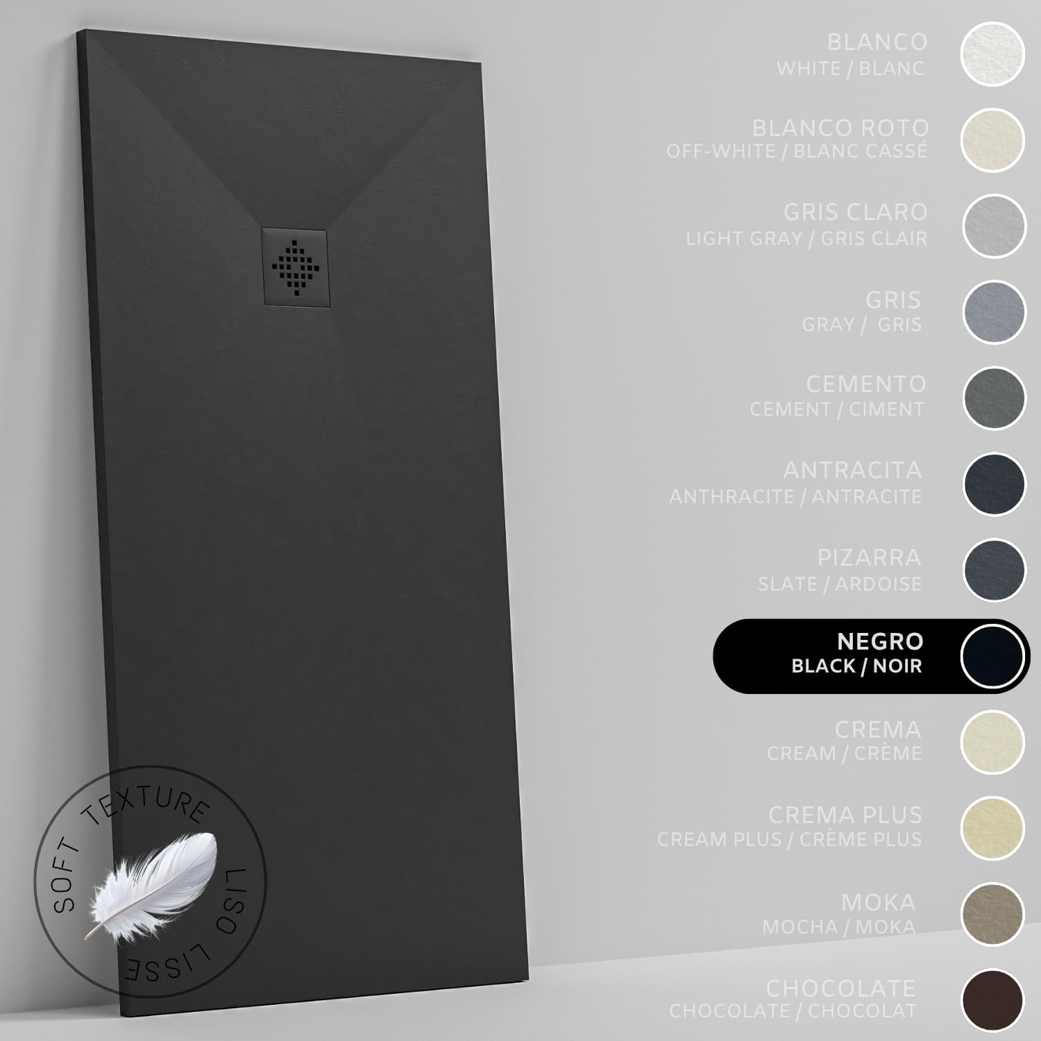 Plato de ducha - resina - gel coat - textura liso seda - antideslizante - color negro - 130x70- extraplano 3cm. rejilla mismo color