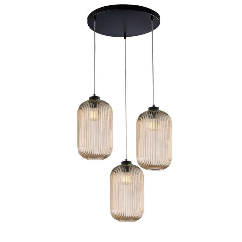 Lampa wisząca Krizia z czarnego lakierowanego żelaza, regulowane kable, klosze z bursztynowego szkła dmuchanego z wzorem w paski, 3 światła